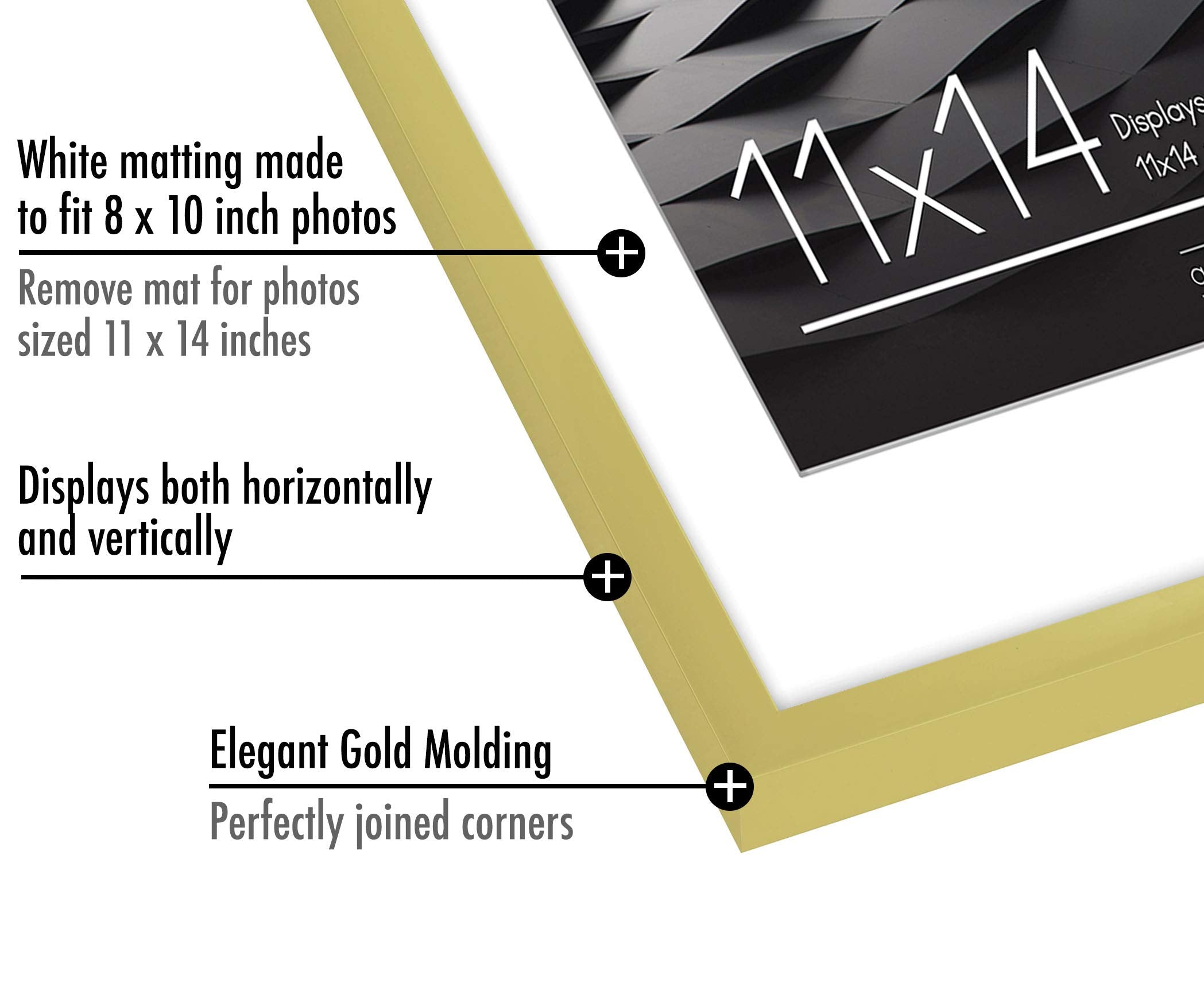 Americanflat 11x14 Picture Frame in Gold - Thin Border 8x10 Picture Frame with Mat or 11x14 Frame Without Mat - Shatter Resistant Glass - Horizontal and Vertical Formats for Wall