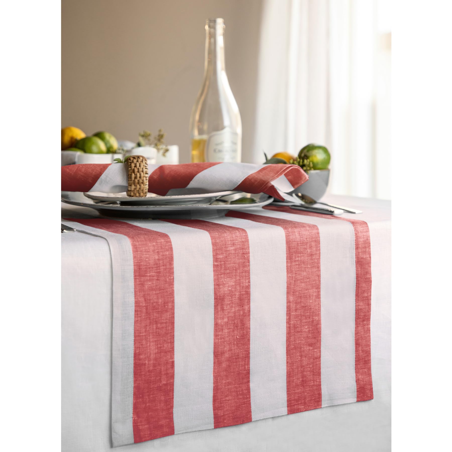 Solino Home Cabana Stripe Linen Table Runner 14 X 72 Inches Long - 100% Pure Linen Red And White Table Runner For Spring - Handc