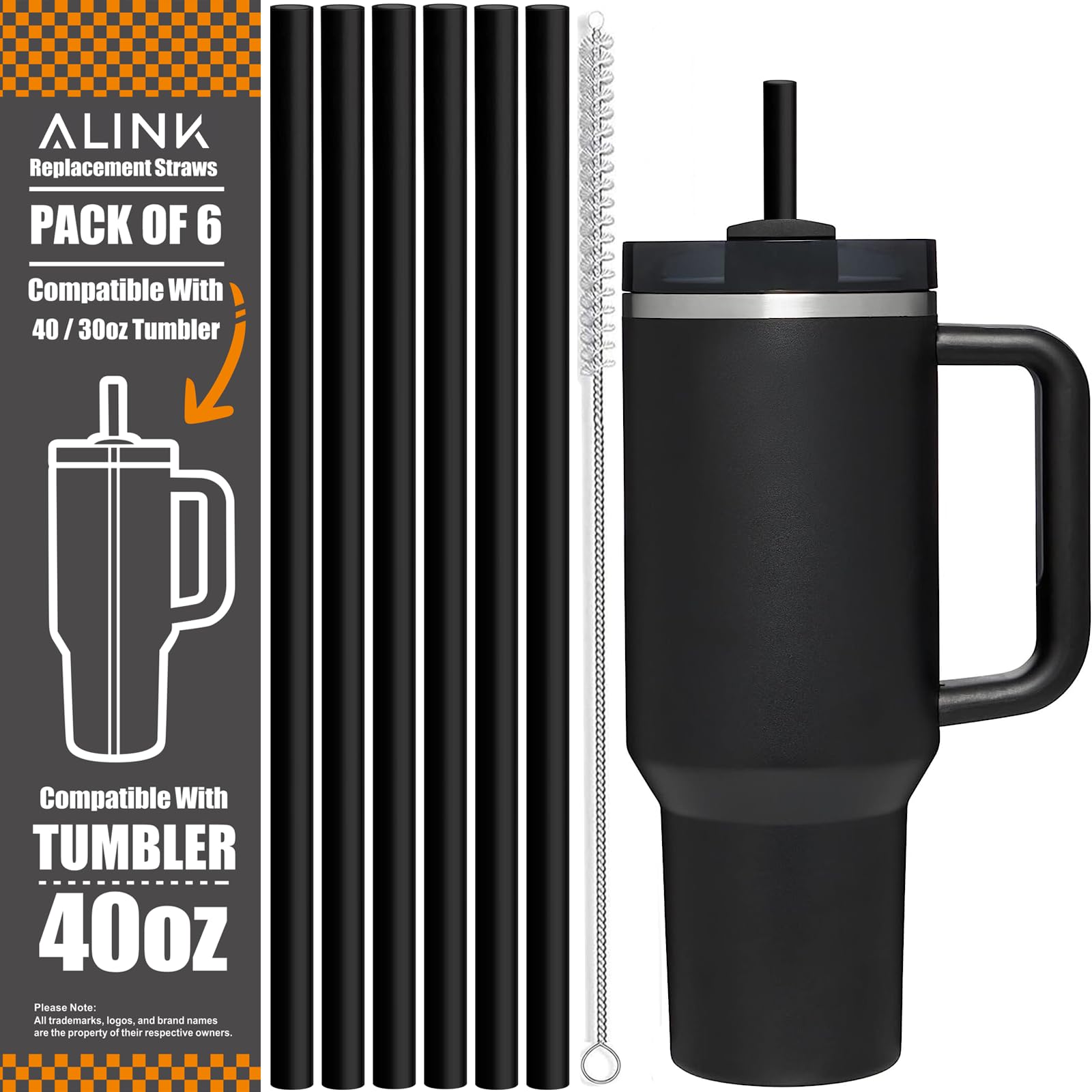 [DISHWASHER SAFE] 6 Pack Reusable Black Straws for Stanley 40 oz 30 oz Cup Tumbler, 12 inch Long Hard Plastic Straws with Brush 