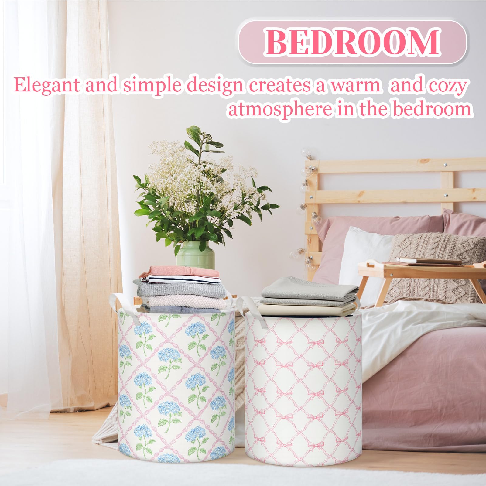 Croblissful Blue Hydrangea Laundry Basket Bow Coquette Storage Basket For Girls Nursery Hamper With Handles Foldable Waterproof