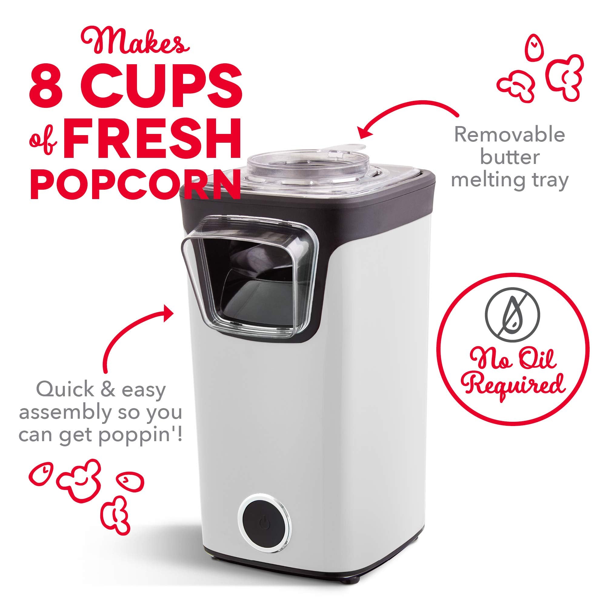 Dash Turbo Pop Popcorn Maker With Measuring Cup To Portion Popping Corn Kernels + Melt Butter, 8 Cup Popcorn Machine - White