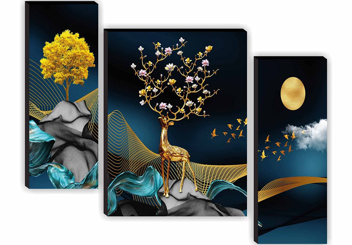 Saf Paintings Unique 3D Print Deer Nature Modern Art Mdf Framed Painting (Sanfjm31040, Multicolour, 12 Inch X 18 Inch, Set Of 3)