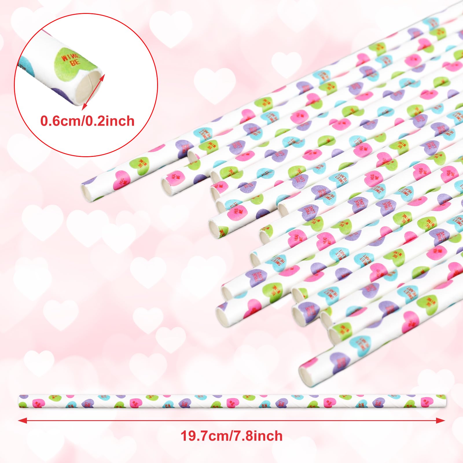 Whaline 200Pcs Valentine'S Day Paper Straws Conversation Heart Disposable Drinking Straws Candy Color Heart Decorative Straws Fo