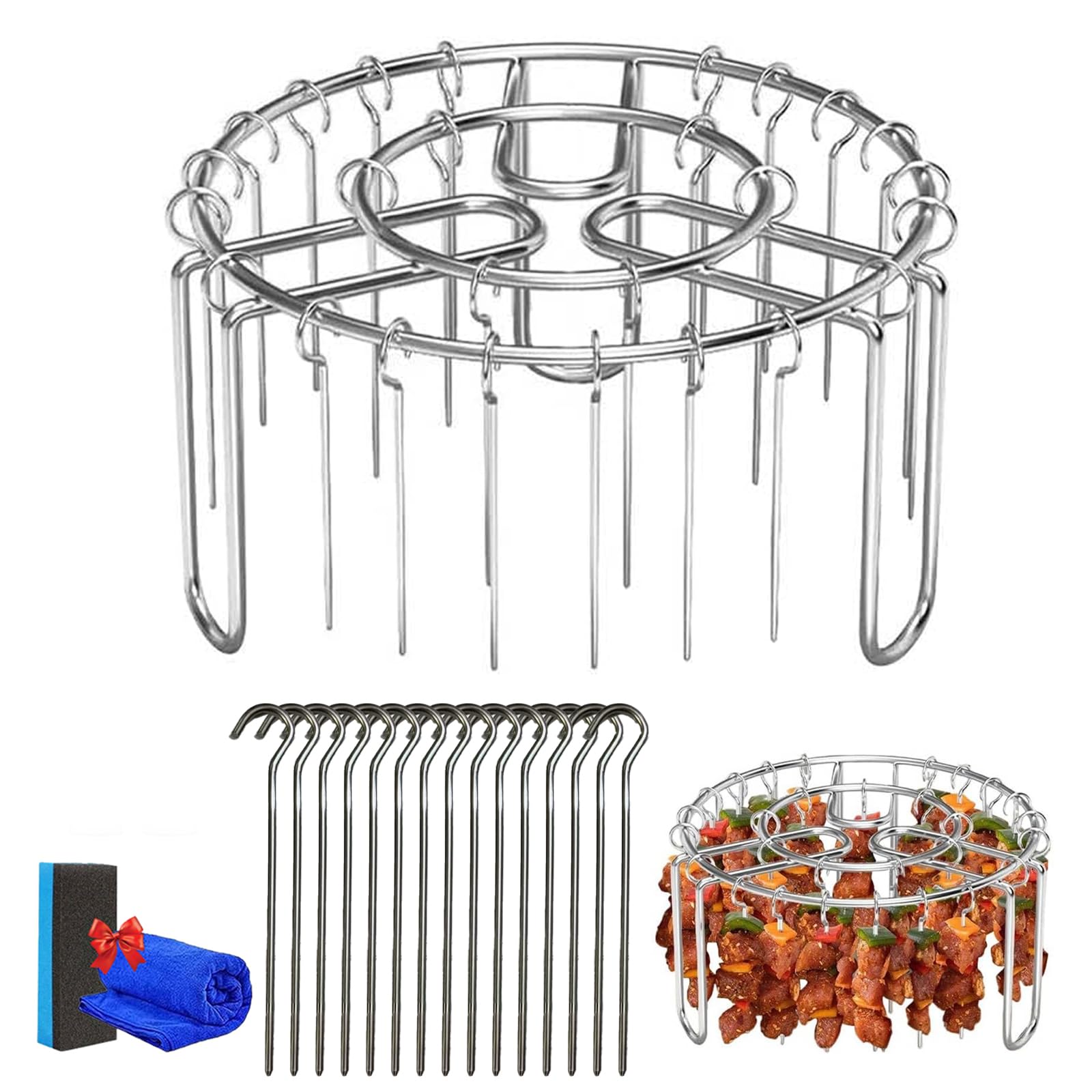 Air Fryer Skewer Rack with 24/48 Stainless Steel Skewers, Vertical BBQ Kabob Rack for Air Fryer, 360 Even Heating Round Grill Ra