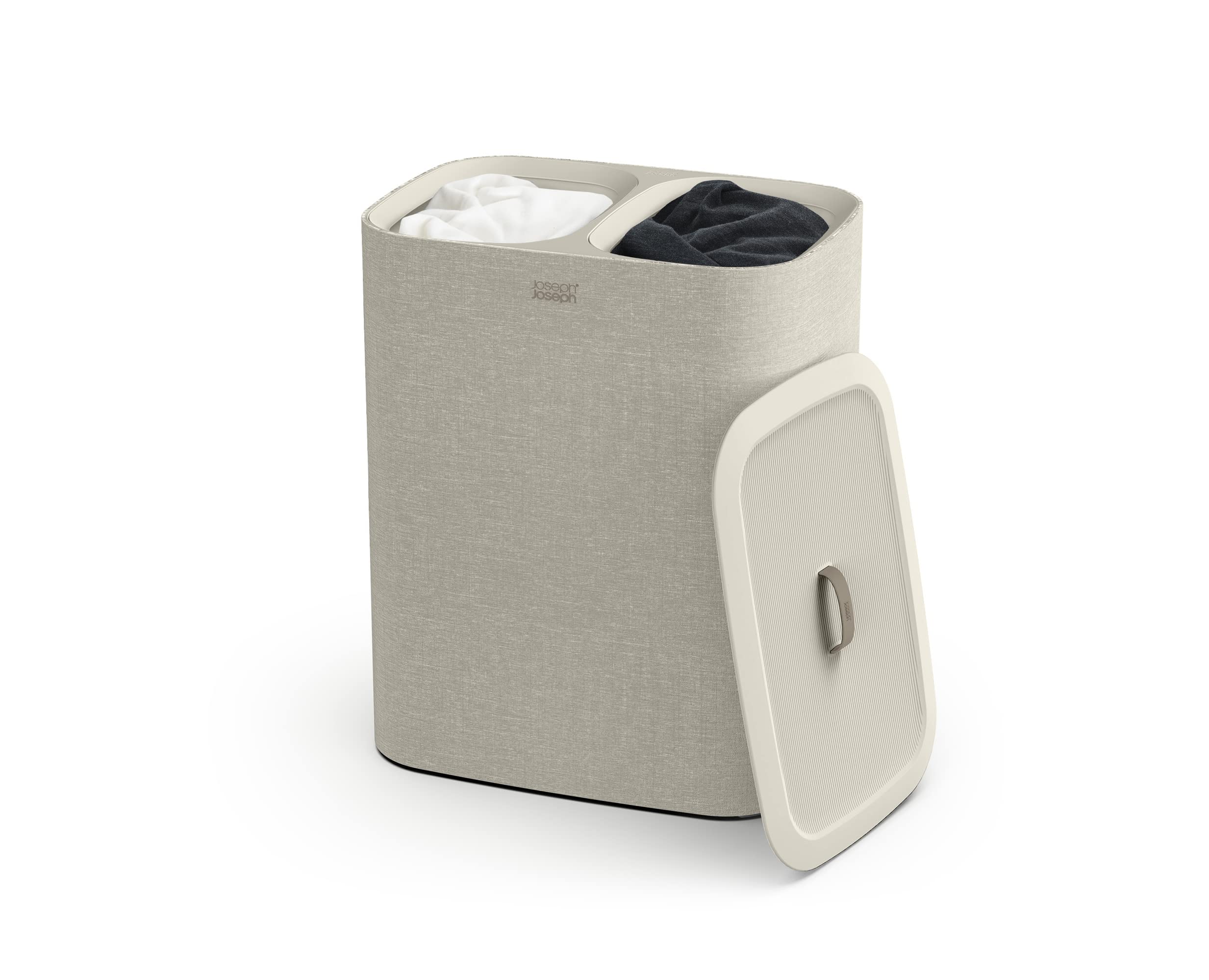 Joseph Joseph Tota 90-Liter Laundry Hamper Separation Basket With Lid, 2 Removable Washing Bags With Handles- Ecru