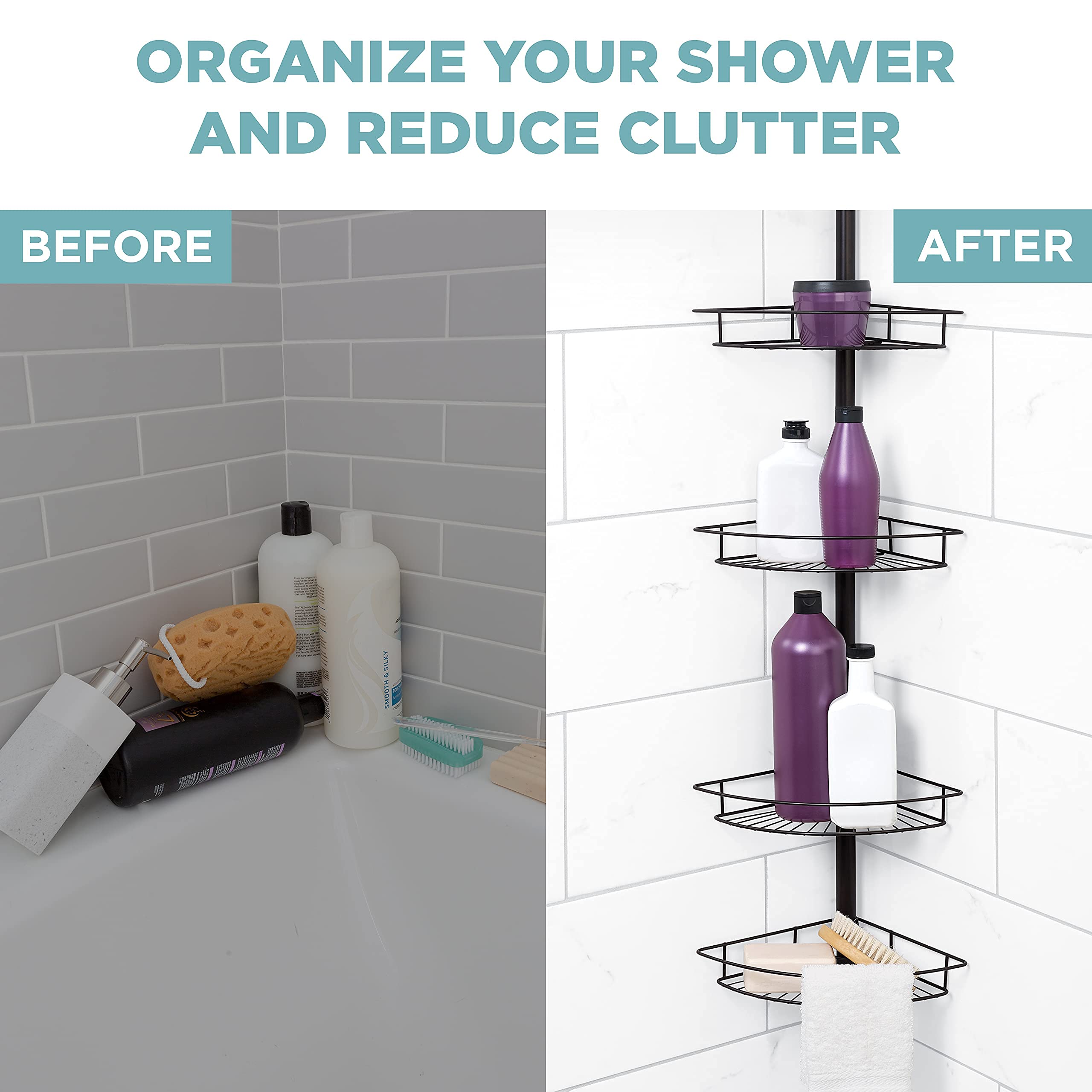 Zenna Home Rust-Resistant Corner Shower Caddy For Bathroom, 4 Adjustable Shelves And Towel Bar, With Tension Pole, For Bath And