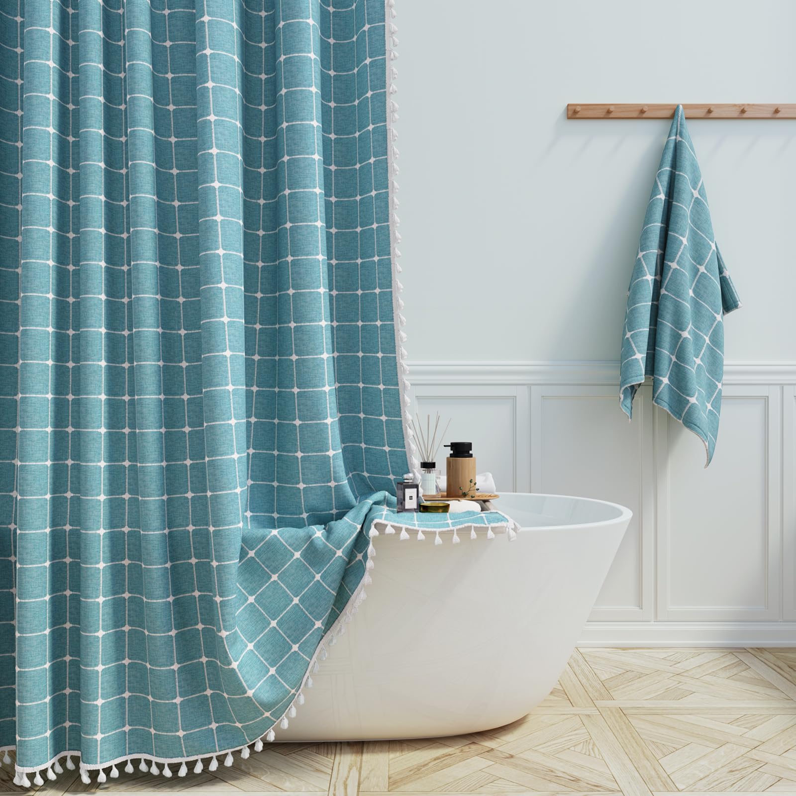 Bttn Extra Long Shower Curtain, 72X96 Inch Long Boho Chic Linen Fabric Heavy Duty Shower Curtain Set With Hooks, Tall Bohemian F