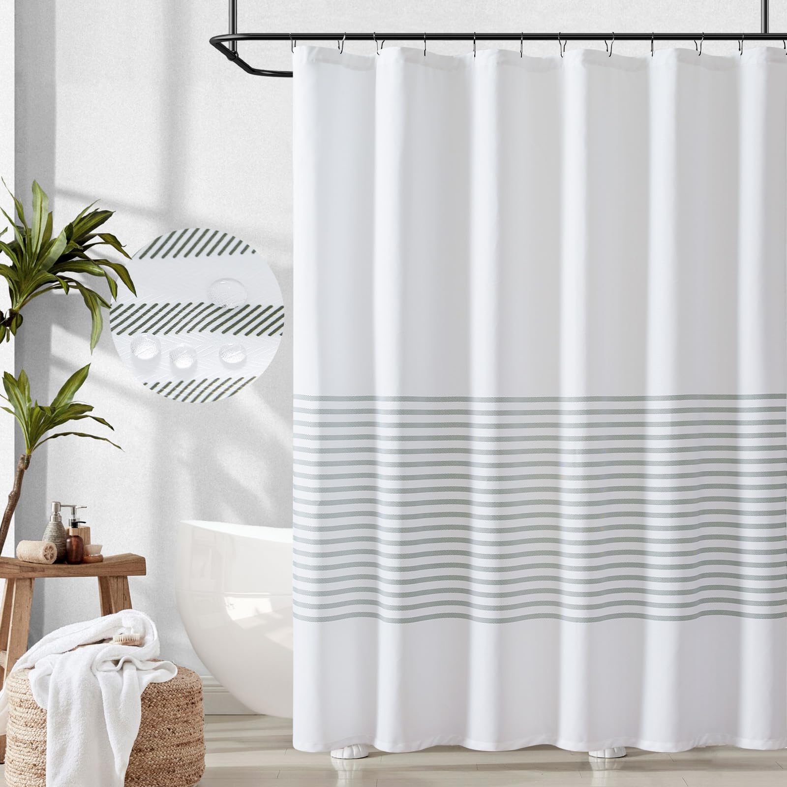 Jinchan White Shower Curtain With Greenblack Stripes Waterproof Fabric Shower Curtain For Bathroom Modern Neutral Farmhouse Show