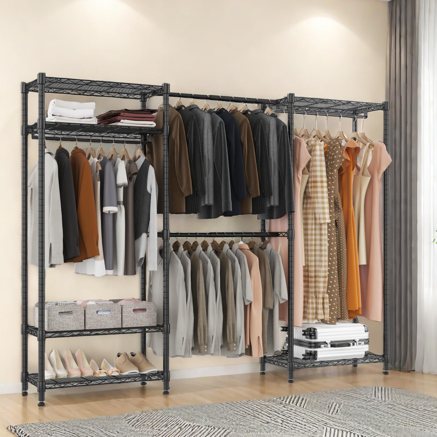 Bathwa Adjustable Heavy Duty Wardrobe Closet Organizer - Expandable Metal Clothing Rack With 4 Hanging Rods, 6 Shelves, And 4 Ha