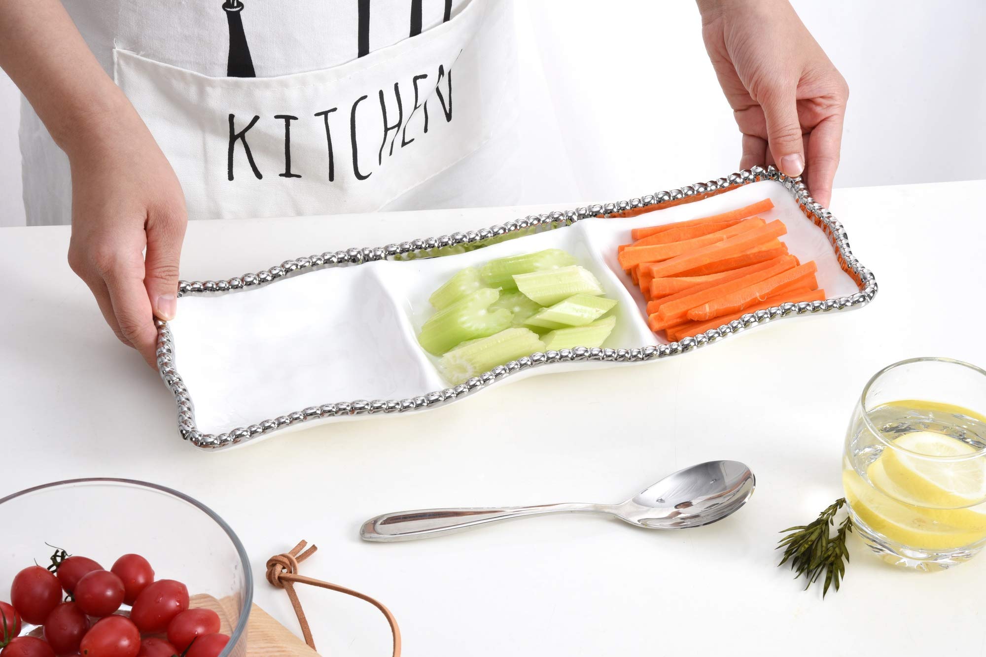 3-Section Serving Piece Porcelain With Silver Trim