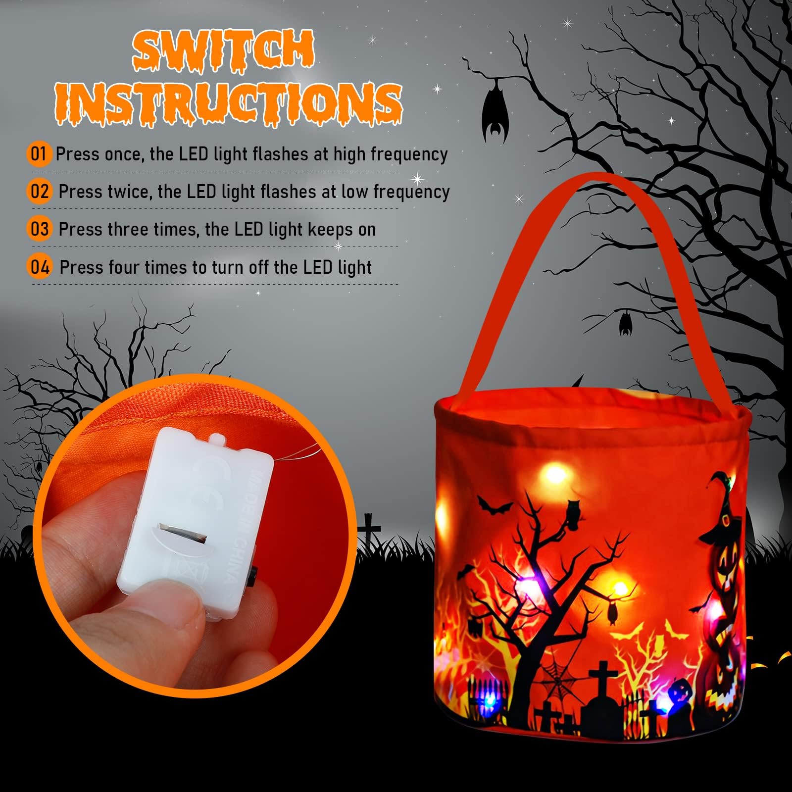 Halloween Trick Or Treat Candy Bags Led Light Up Pumpkin Bucket, Collapsible Reusable Candy Basket, Fabric Tote Gift Goody Bags