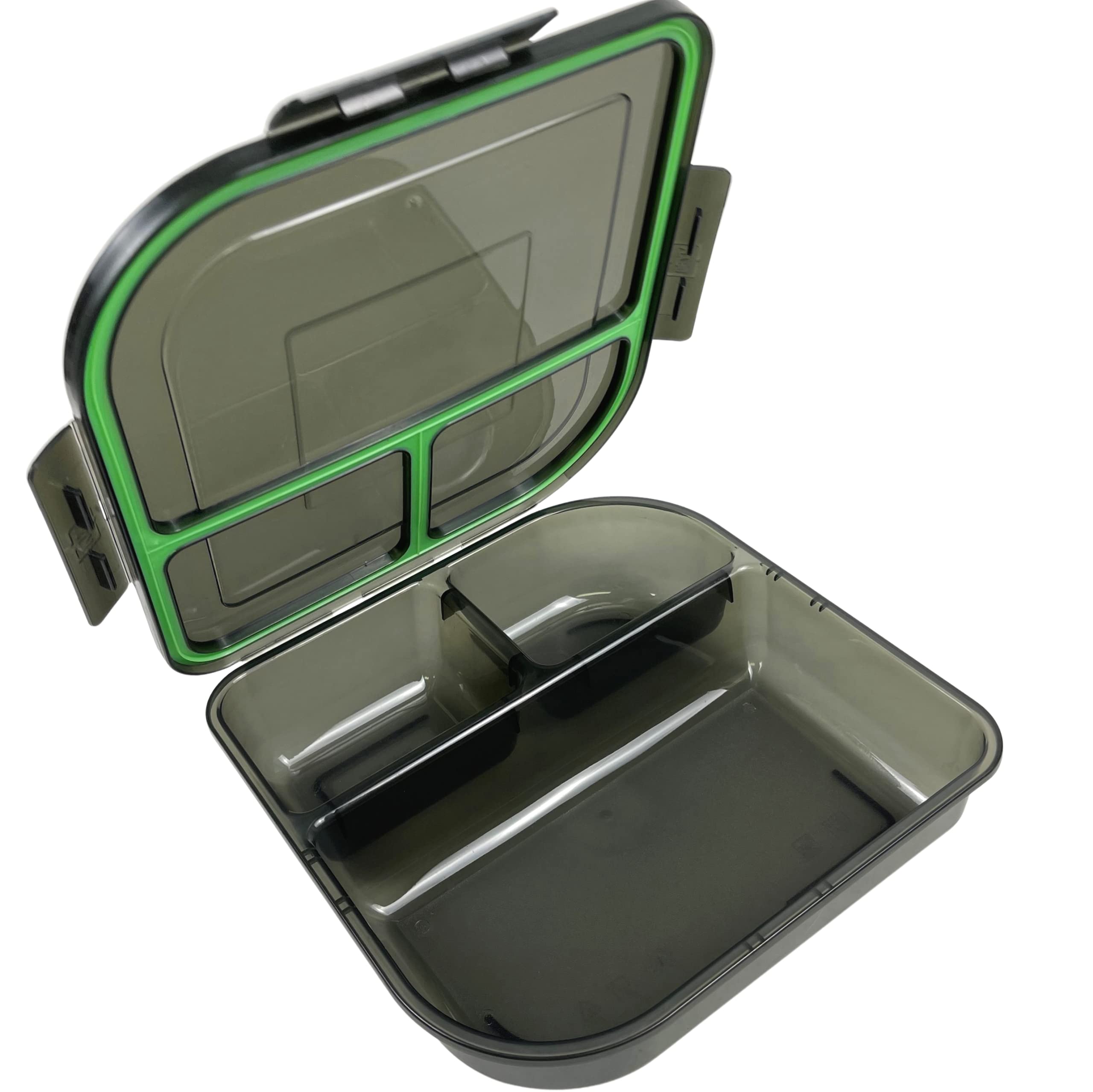 MyGo Container Large To-Go 3-Compartment Food Container, 9-3/8 X 9-3/8 X 2-1/2, Reusable, Microwave Safe, Charcoal/Green