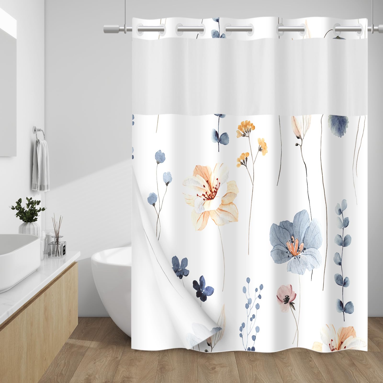 Withloc No Hook Shower Curtain With Snap In Liner - Watercolor Floral Shower Curtain - Fabric Waterproof Inner Liner, Plants Blu