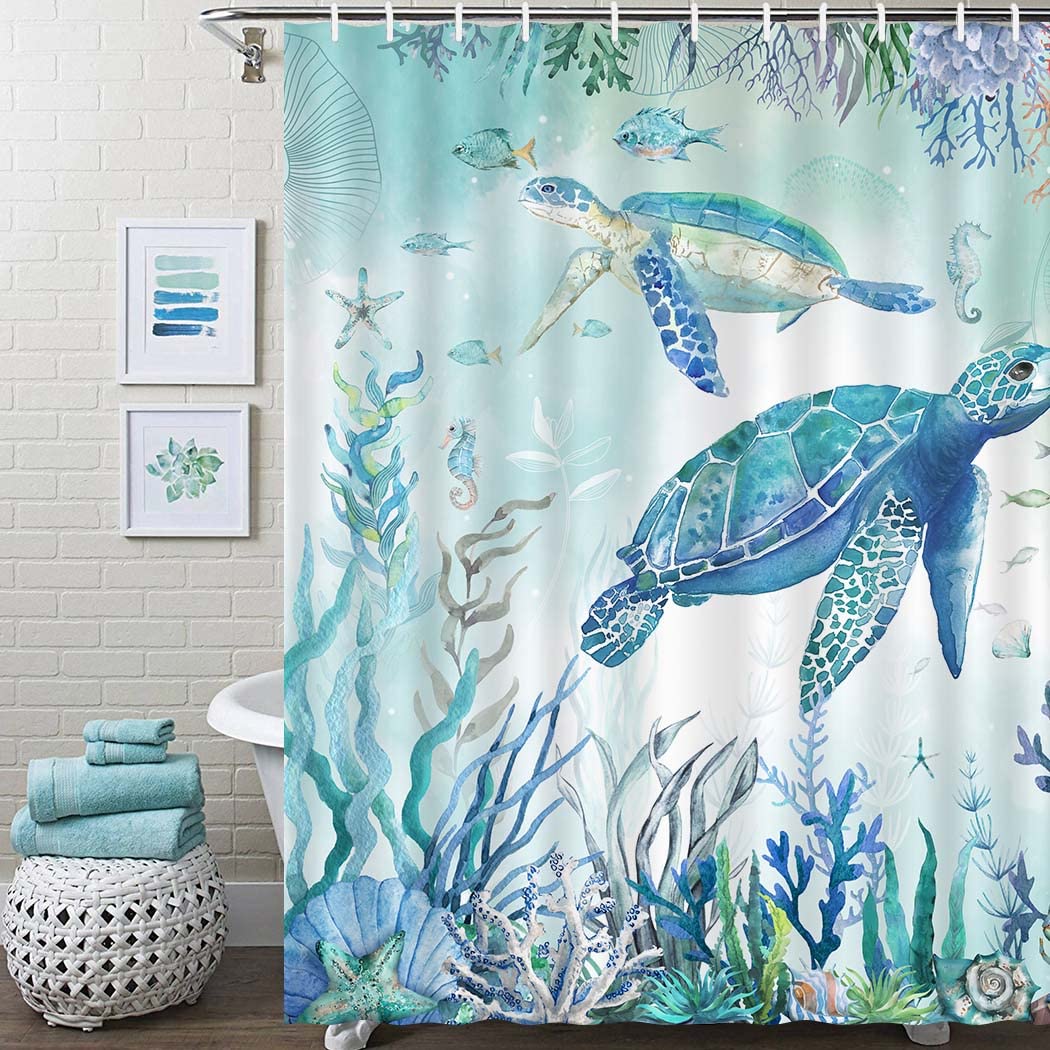 Juirnost Sea Turtle Shower Curtain Beach Coastal Shower Curtains For Bathroom Ocean Turtle Bathroom Decor Underwater Seashell Tr
