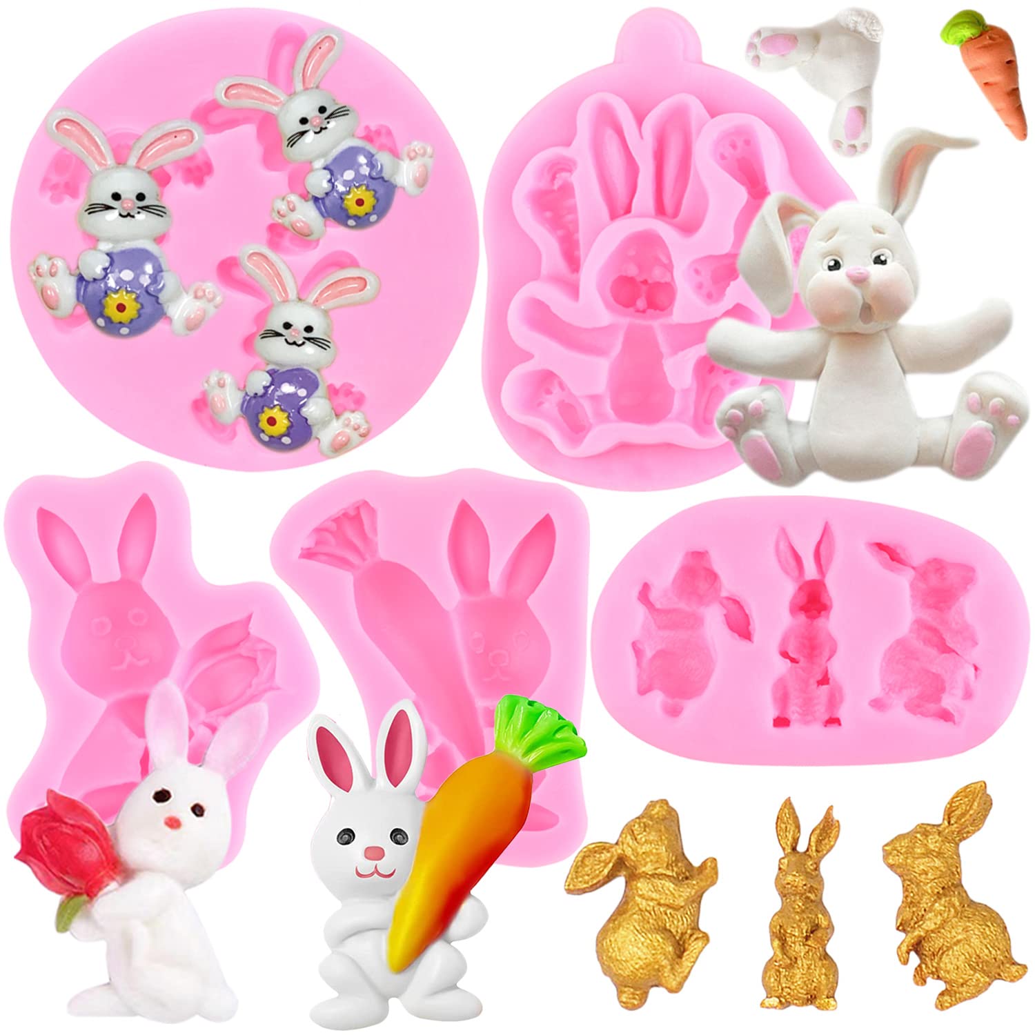 Rfghac Bunny Rabbit Fondant Mold Easter Carrot Silicone Molds For Cake Decorating Cupcake Topper Candy Chocolate Gum Paste Polym