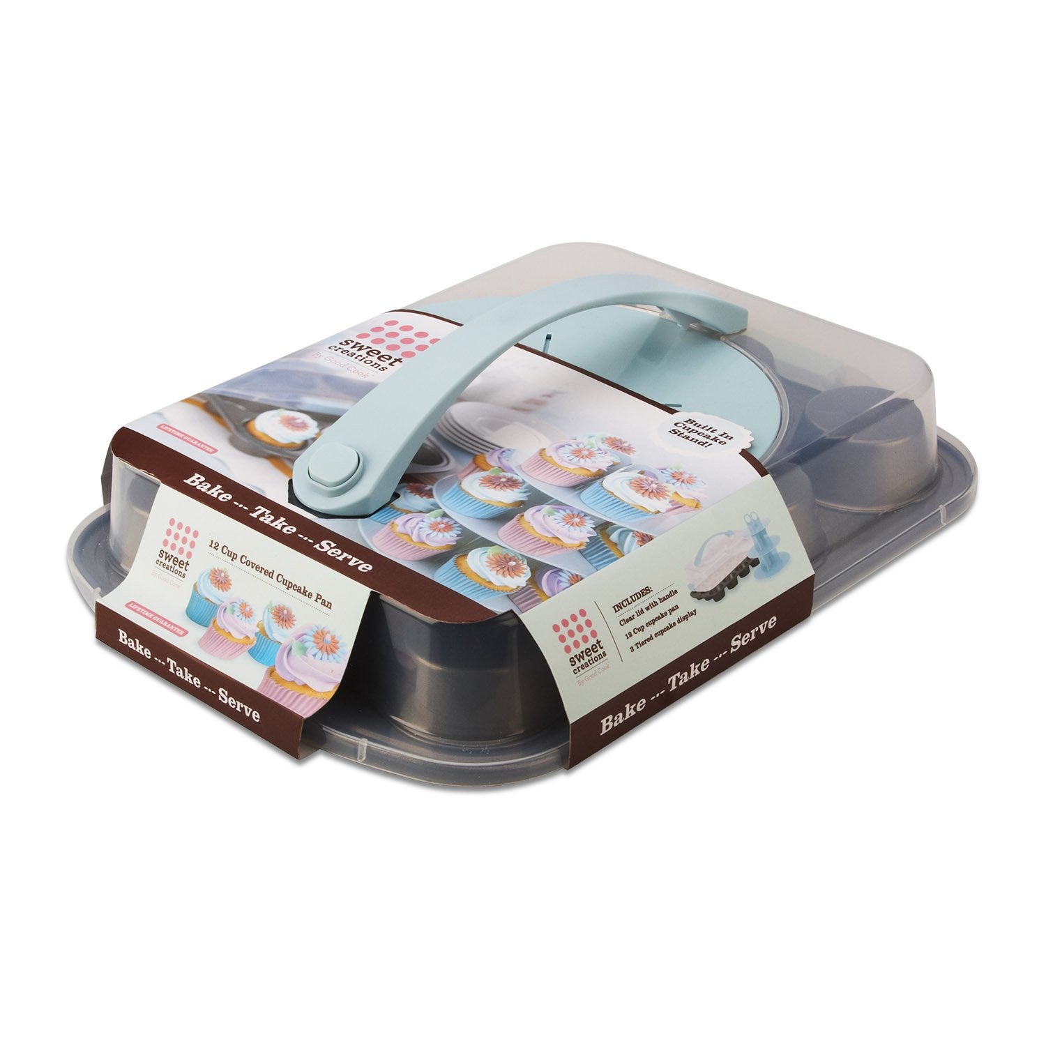 Goodcook Sweet Creations Bake-Take-Serve Nonstick Cupcake Pan Set With Tiered Stand, Silver/Blue