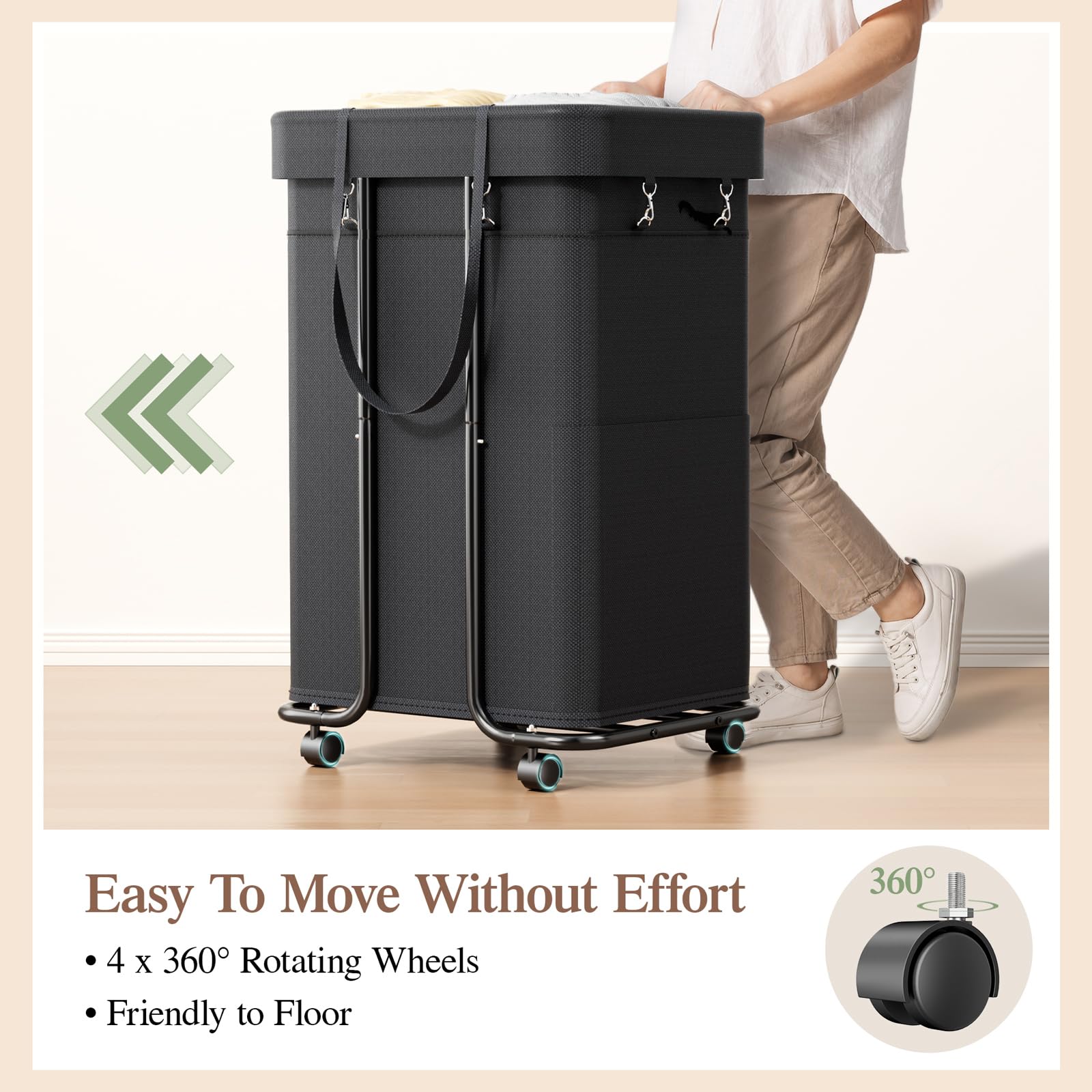 Yecaye Laundry Basket With Wheels, 37 Gal (140L) Laundry Hamper 2-Section, Rolling Laundry Basket With Metal Frame And Removable