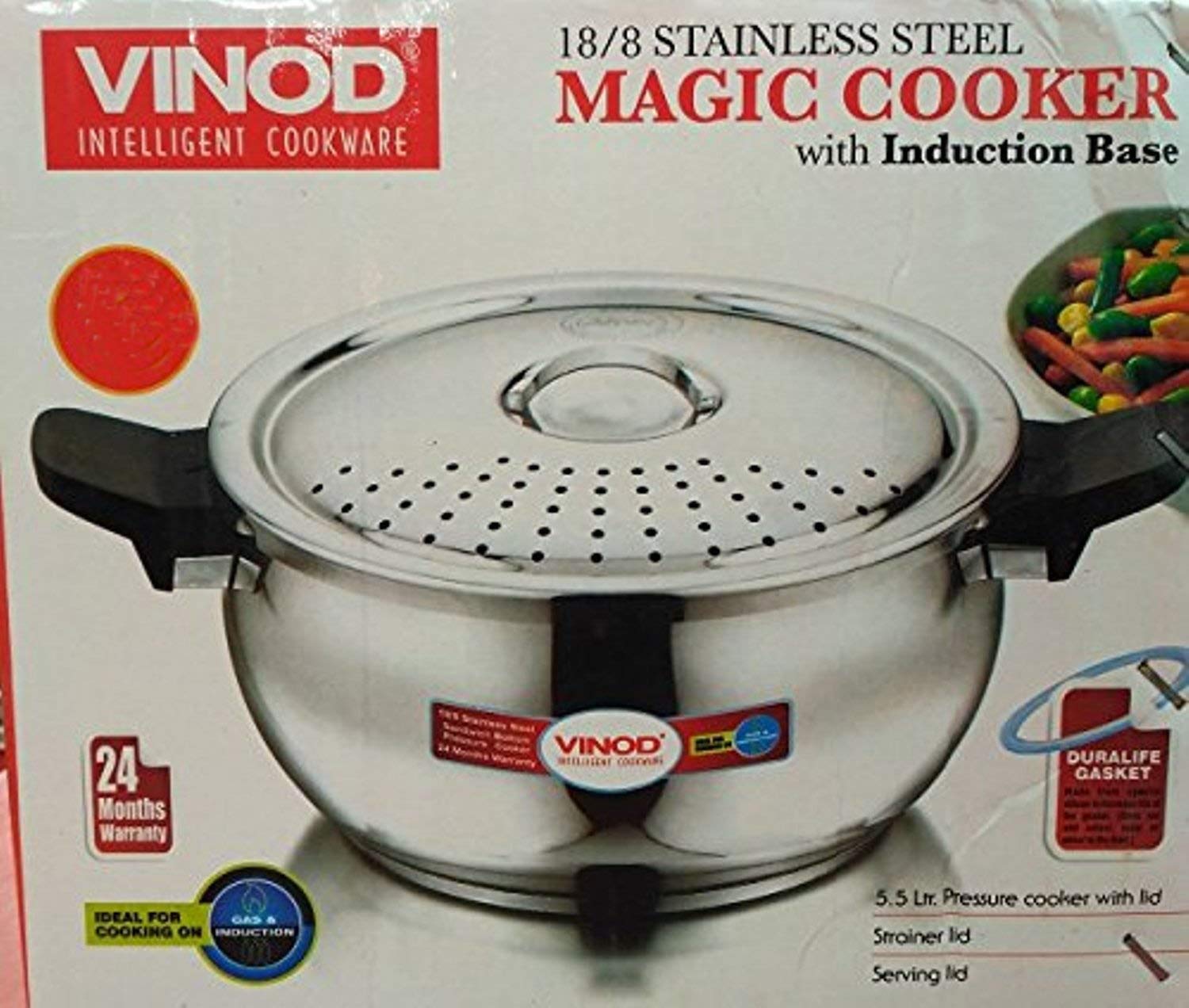 Vinod 18/8 Stainless Steel Magic Outer Lid Pressure Cooker - 5.5 Liters with a Pressure Cooker Lid, Straining Lid and Glass Lid