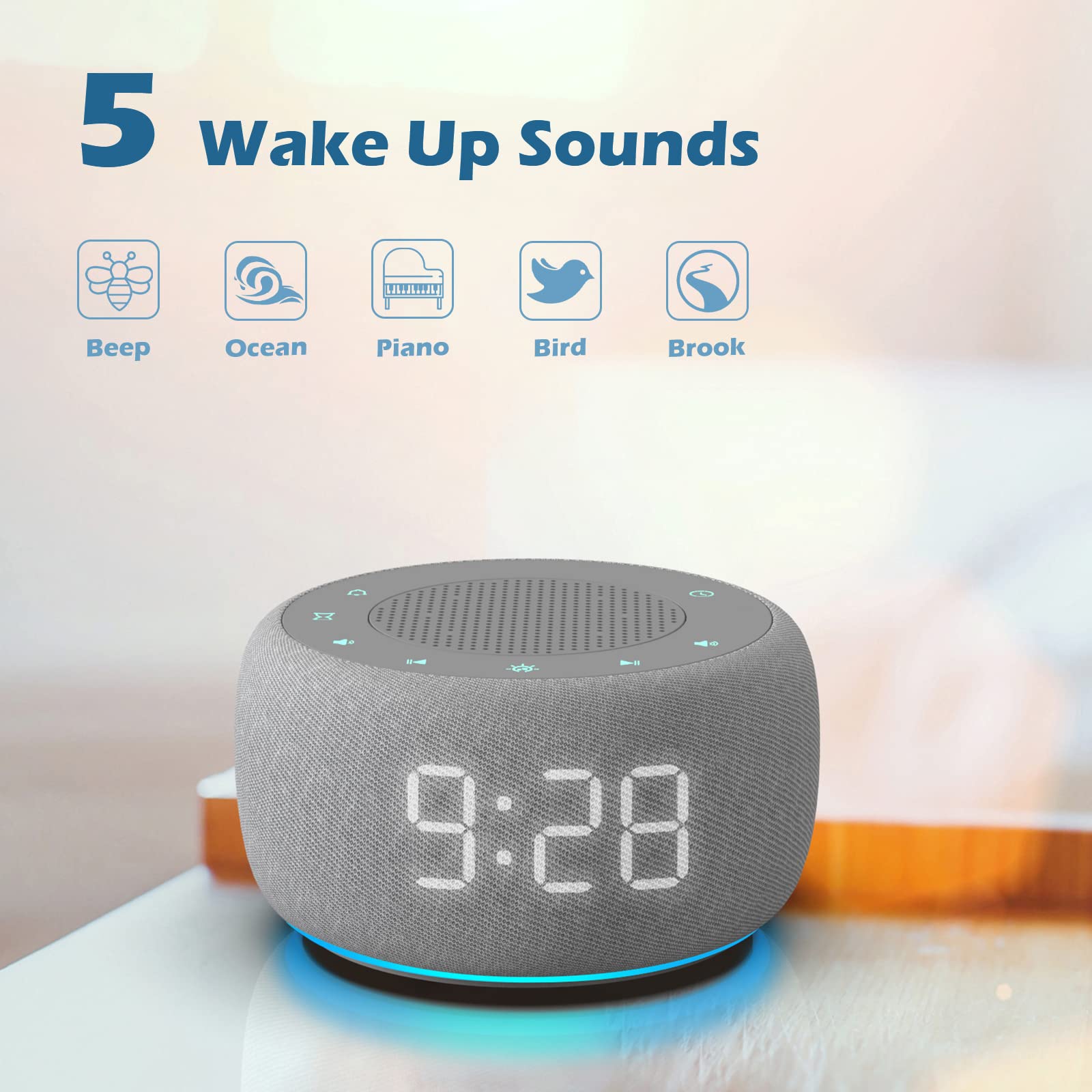 BUFFBEE Sound Machine & Alarm Clock, 18 Soothing Sounds, 7 Night Lights, 30-Level Volume Control, Grey, Model BK11