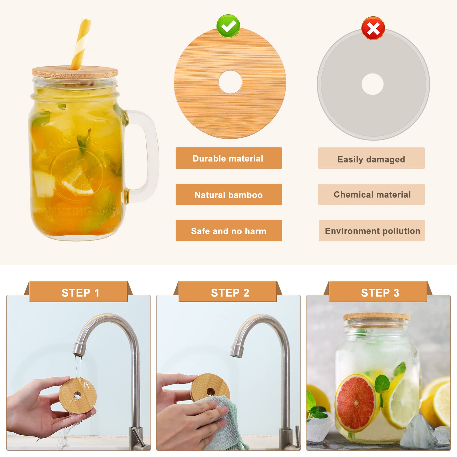 8Pcs Mason Jar Lids With Sealing Ring, Reusable Bamboo Mason Jar Lids, Mason Jar Tumbler Lids Tops, For Wide Mouth Mason Jars Ca