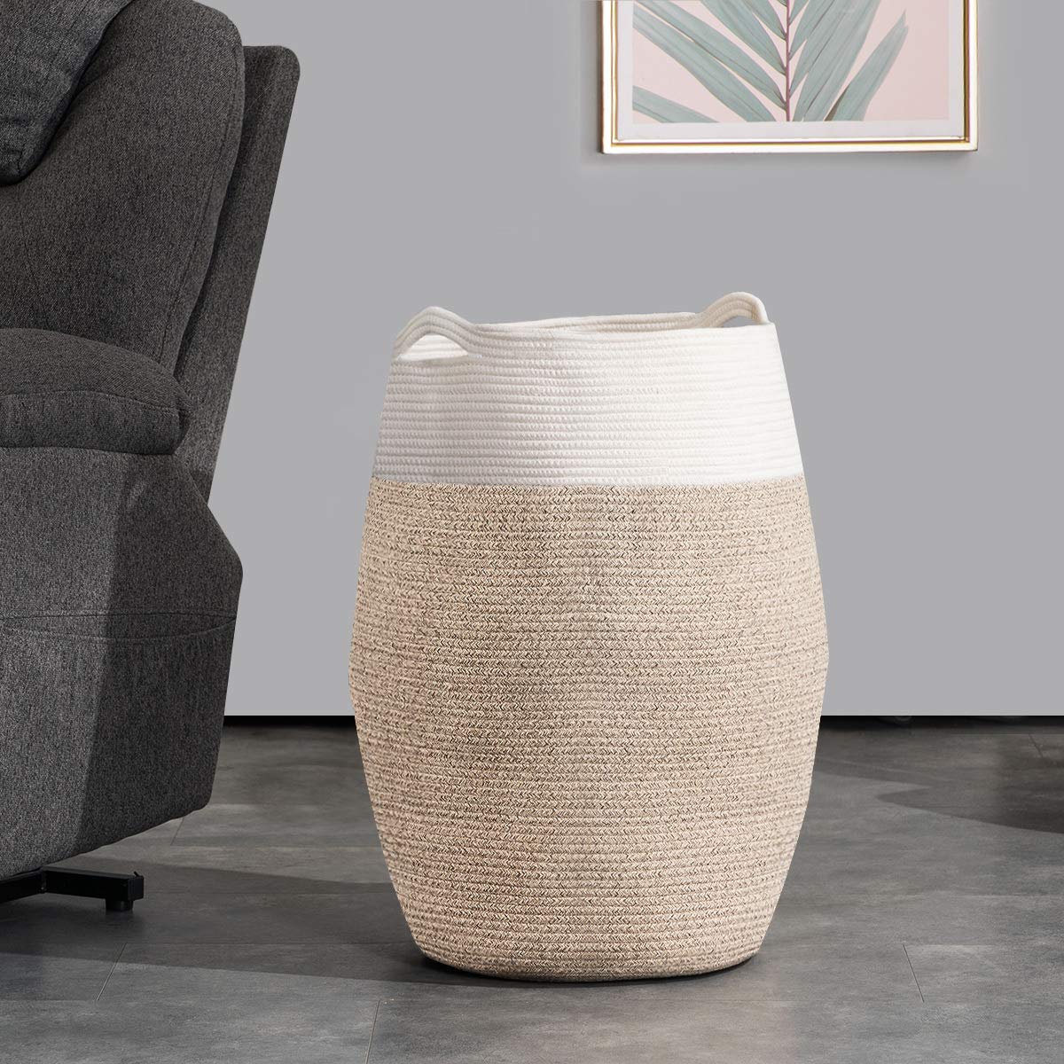 cotton Rope Laundry Hamper by YOUDENOVA  105L - Woven collapsible Basket clothes Storage for Blankets  Room Organizing  Bedroom Storage  - Brown & White