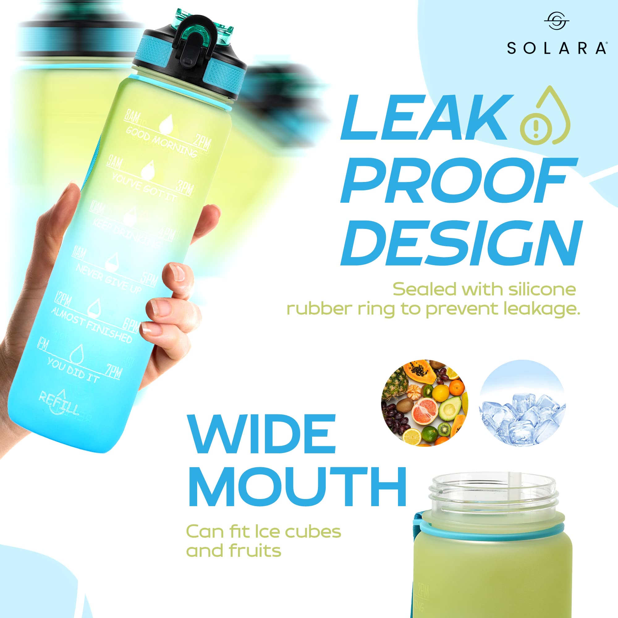 SOLARA Water Bottle with Straw  Motivational Water Bottle Reminder with Times to Drink  Water Bottle for gym  Office  BPA Free Tritan Water Bottle with Motivational Quotes  Blue Hawaii