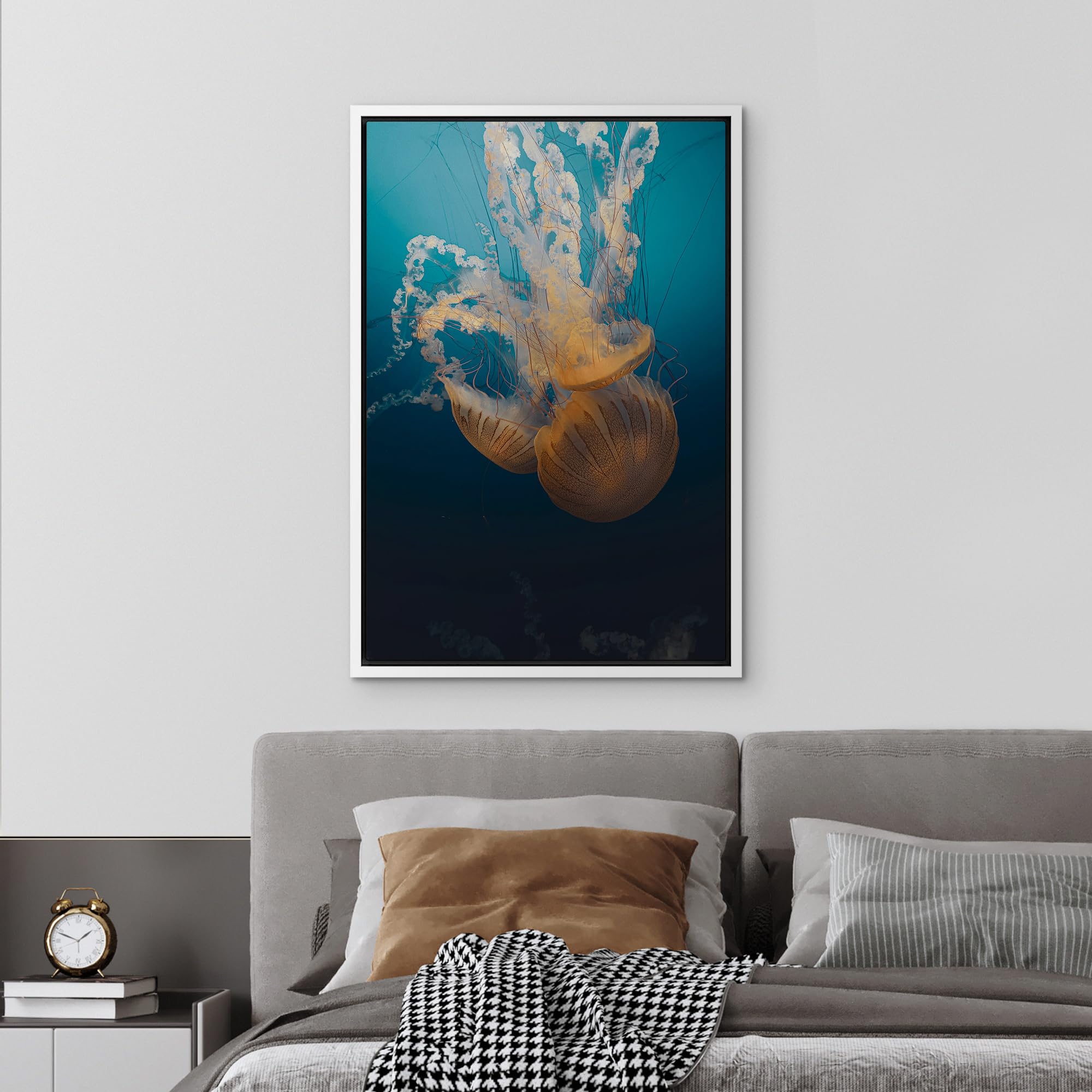 Wall26 Framed Canvas Print Wall Art Jellyfish Floating In Deep Blue Ocean Animals Photography Realism Rustic Scenic Landscape Wi