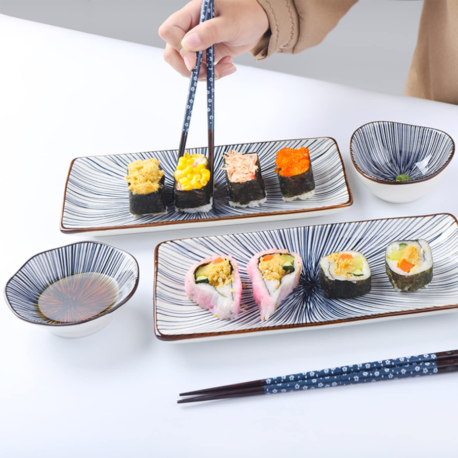 Artcome 10 Pcs Japanese Style Ceramic Sushi Plate Dinnerware Set For Wedding Housewarming - 2 Sushi Plates, 2 Sauce Dishes, 2 Sn