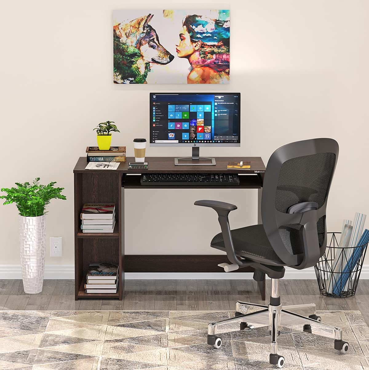 BLUEWUD Mallium Engineered Wood Study and Computer Laptop Table for Home or Office, WFH Desk with Keyboard Slider and Storage Sh