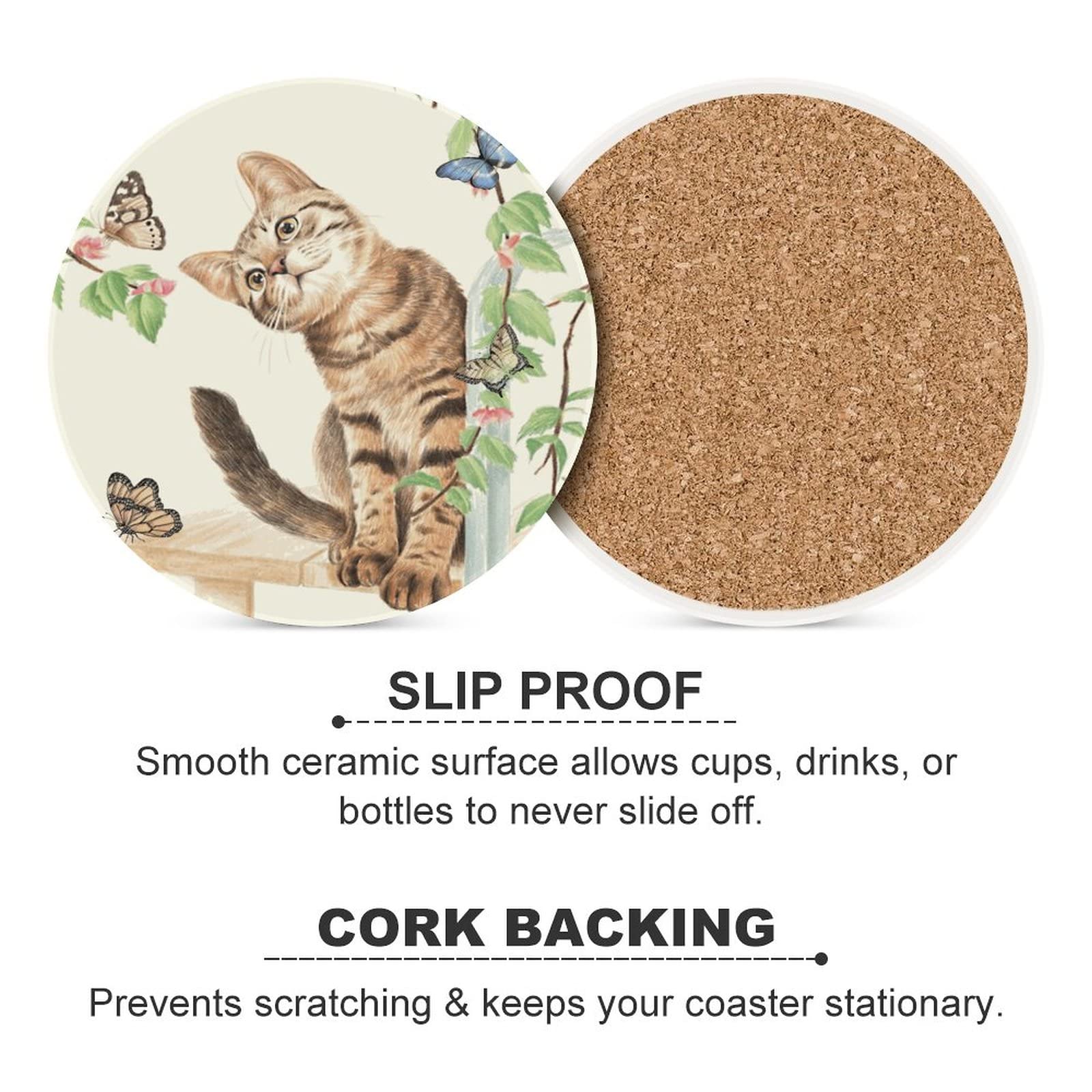 Cat With Butterflies Coasters For Drinks Set Of 6, 4 Inch Absorbent Diatomite Ceramics Coasters For Coffee Table With Cork Base