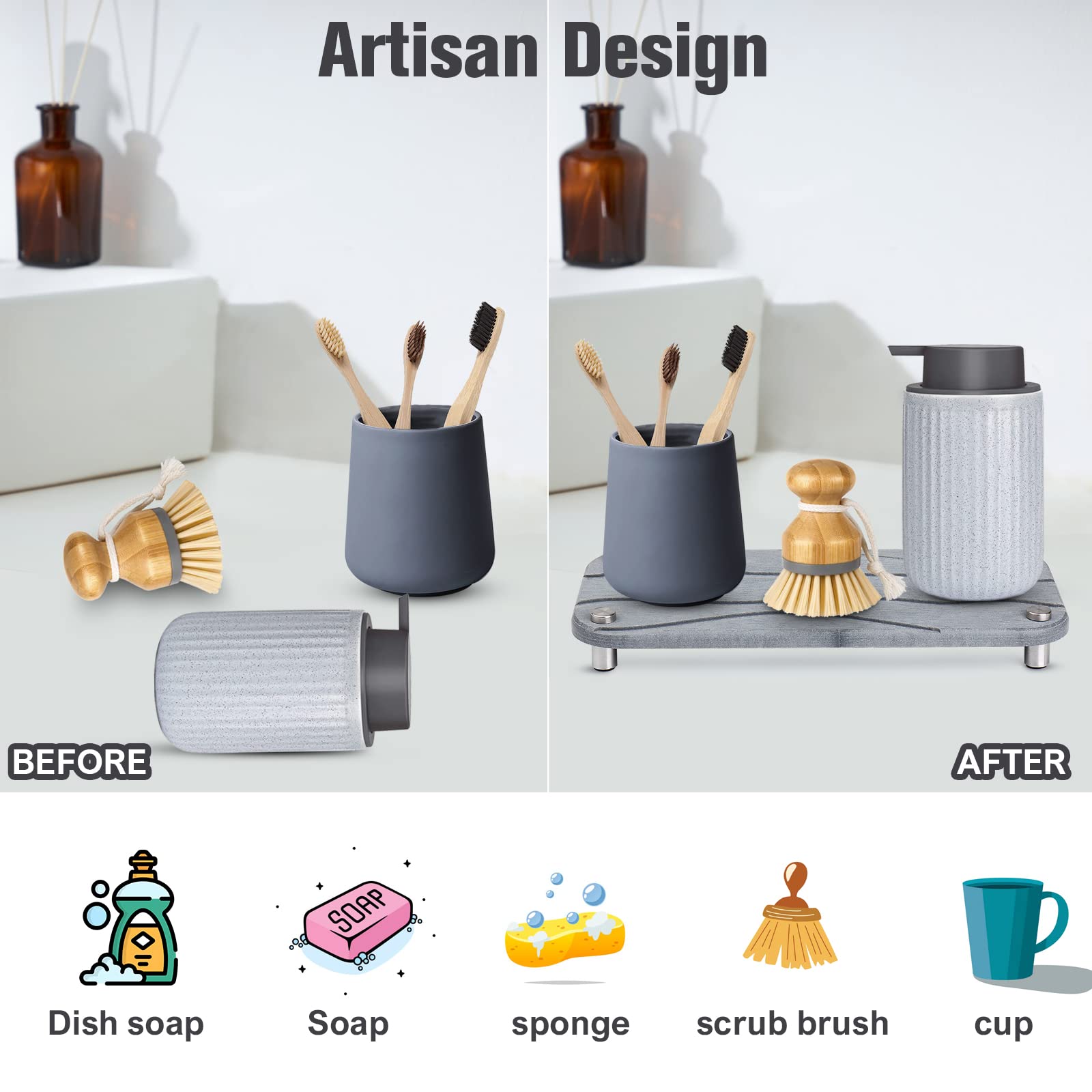 2Pcs Kitchen Sink Caddy, Water Absorbing Stone Trays - Quick Dry Diatomite Sink Caddies For Kitchen & Bathroom, Sponge And Soap