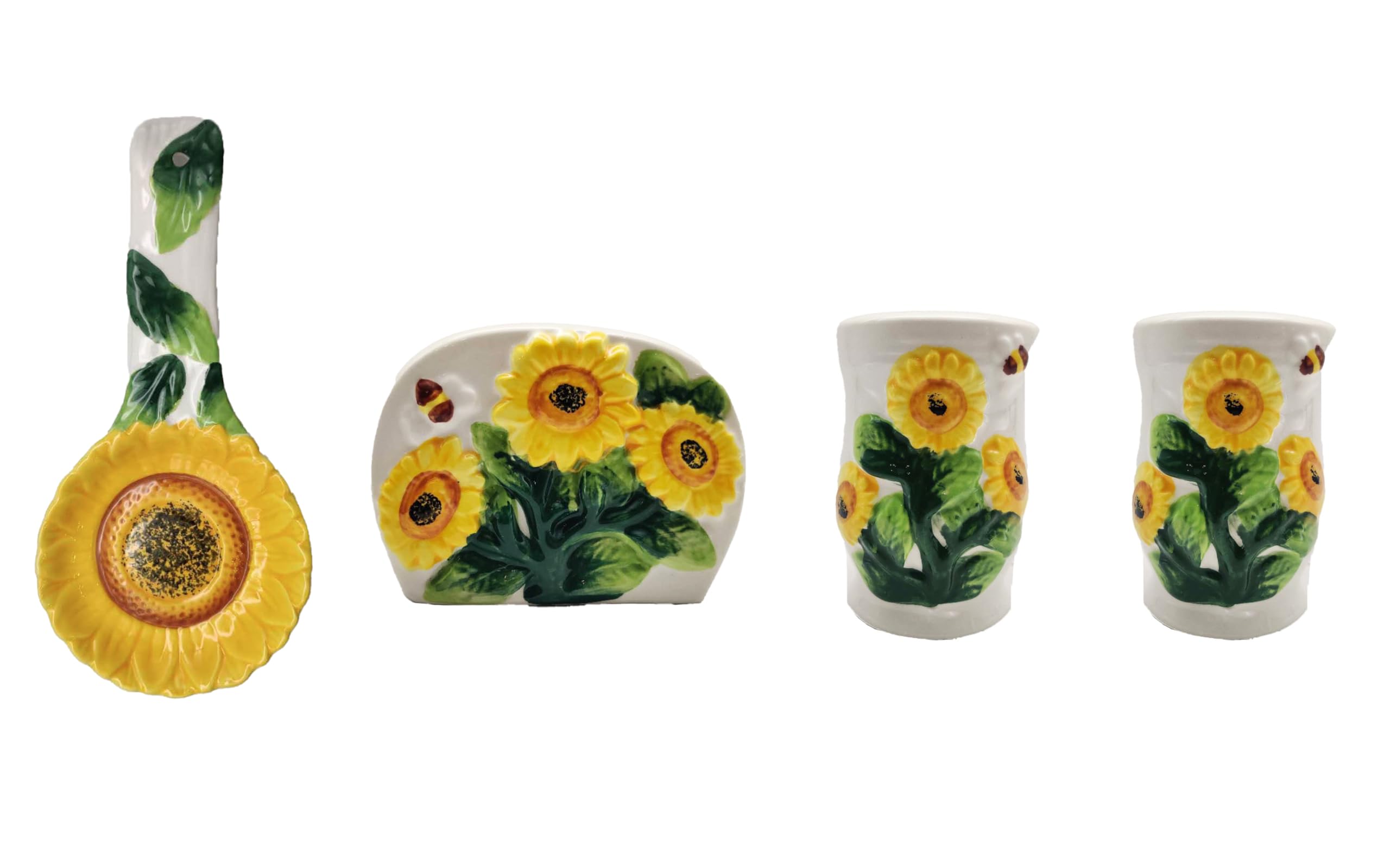 Country Sunflower Painted Stove Top Set, Salt And Peper Shaker, Napkin Holder, Spoon Rest 83025/28 By Ack