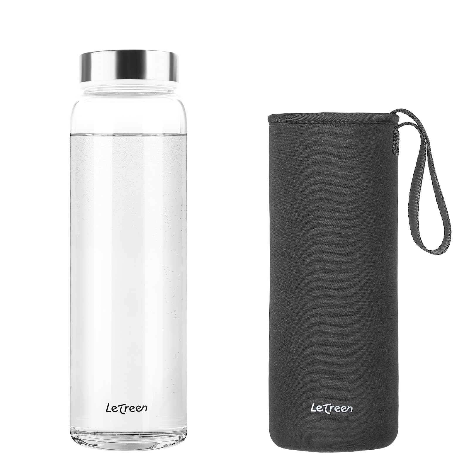 LETREEN Glass Water Bottle 32 oz, Borosilicate Wide Mouth Glass Water Bottle with Neoprene Sleeve, BPA-Free Leak Proof Reusable 