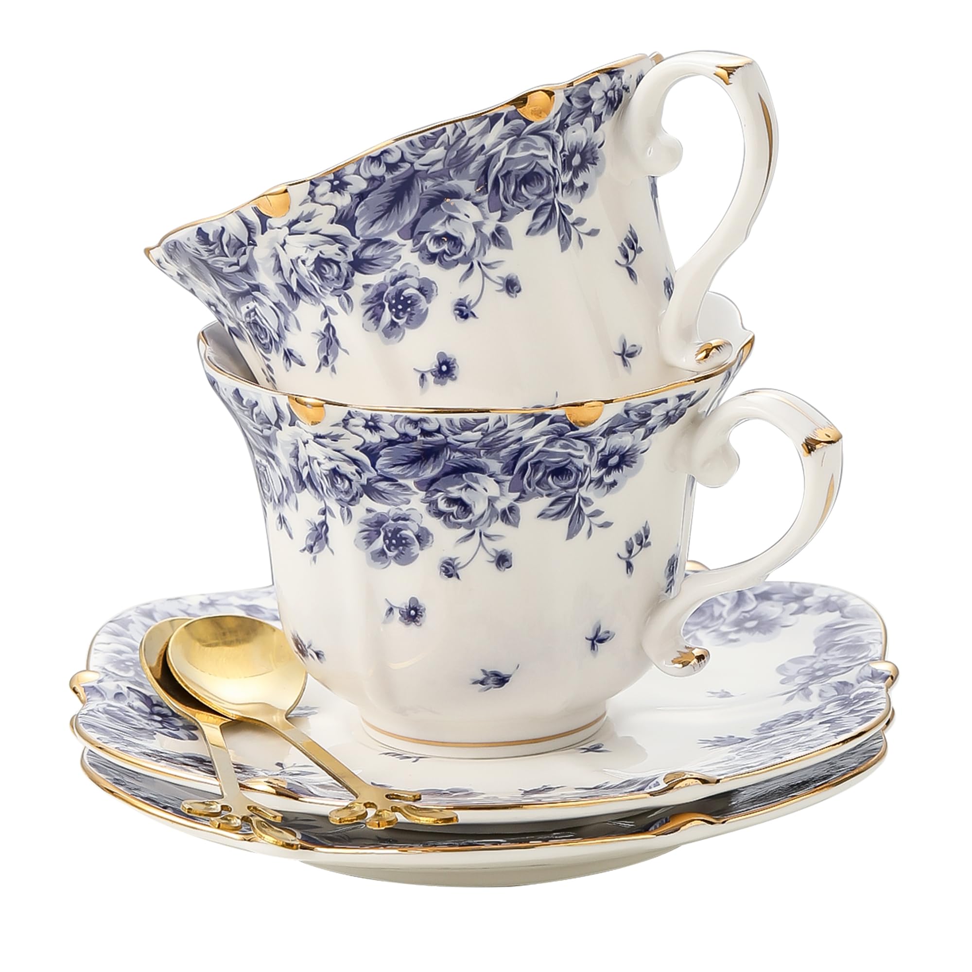 TATSUMI Country Roses Bone China Tea Cup and Saucer Set, 6 Pieces, Vintage Style, For Women and Tea Parties(sky blue,2 sets)