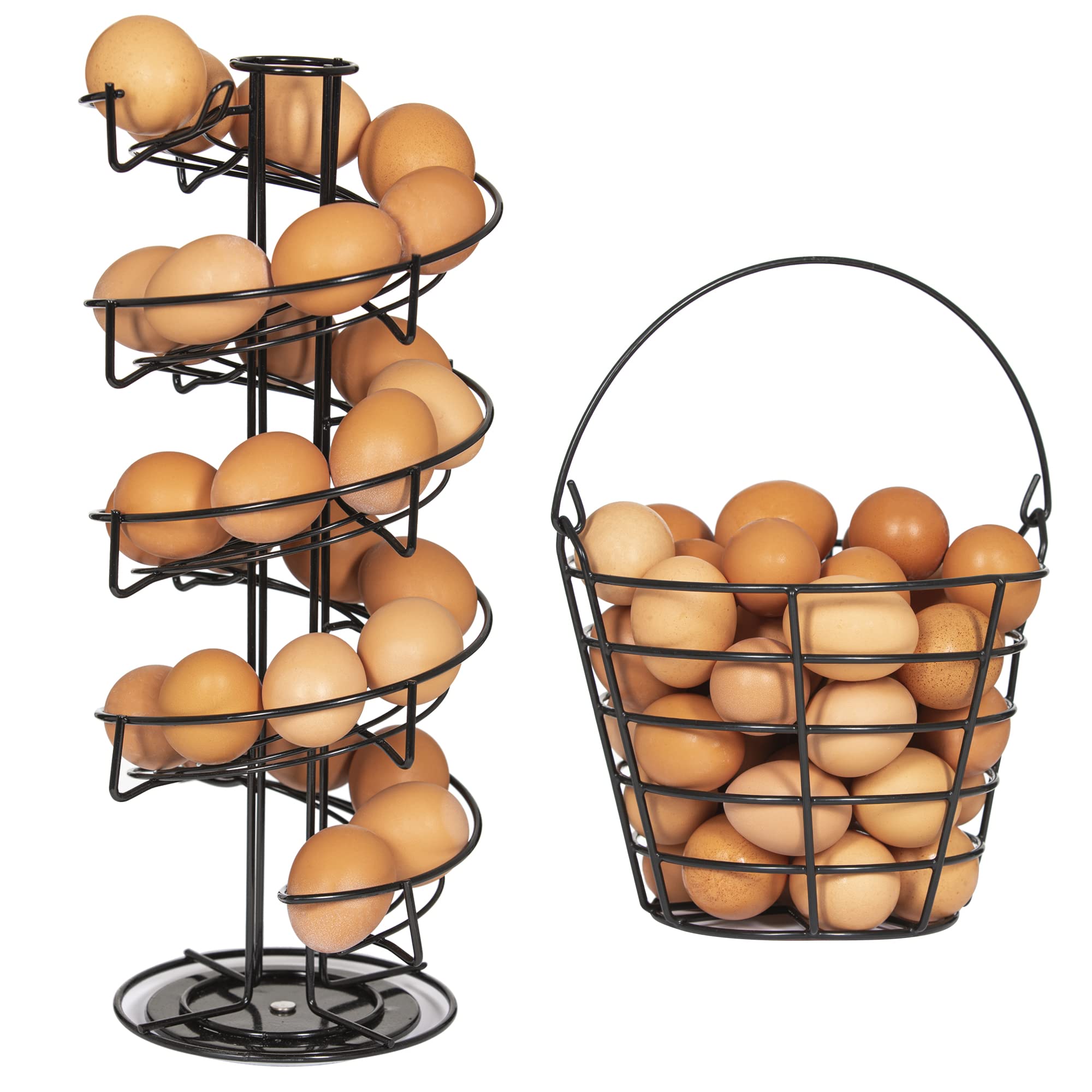 Woodland Acres Rotating Spiral Egg Dispensing Rack, Egg Skelter, Countertop Egg Storage & Display. Includes Matching Egg Collect
