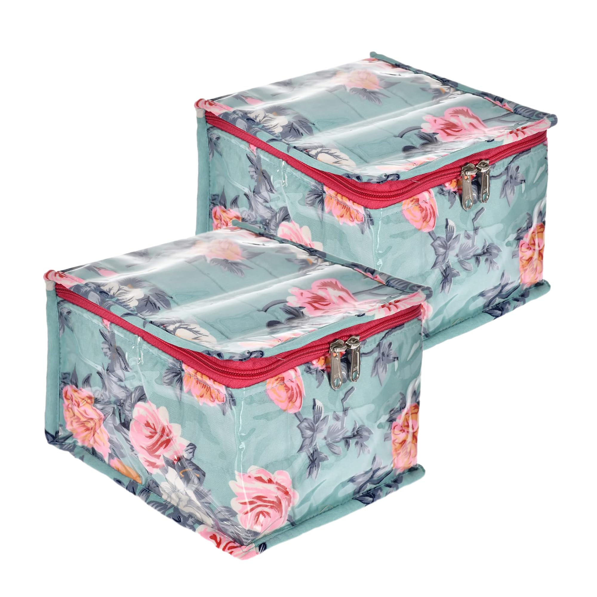 Kuber Industries 2 Pcs Pvc Flower Print Jewellery Organizer Box & 10 Detachable Transparent Pouch | Cushioned All 10 Packet Stor