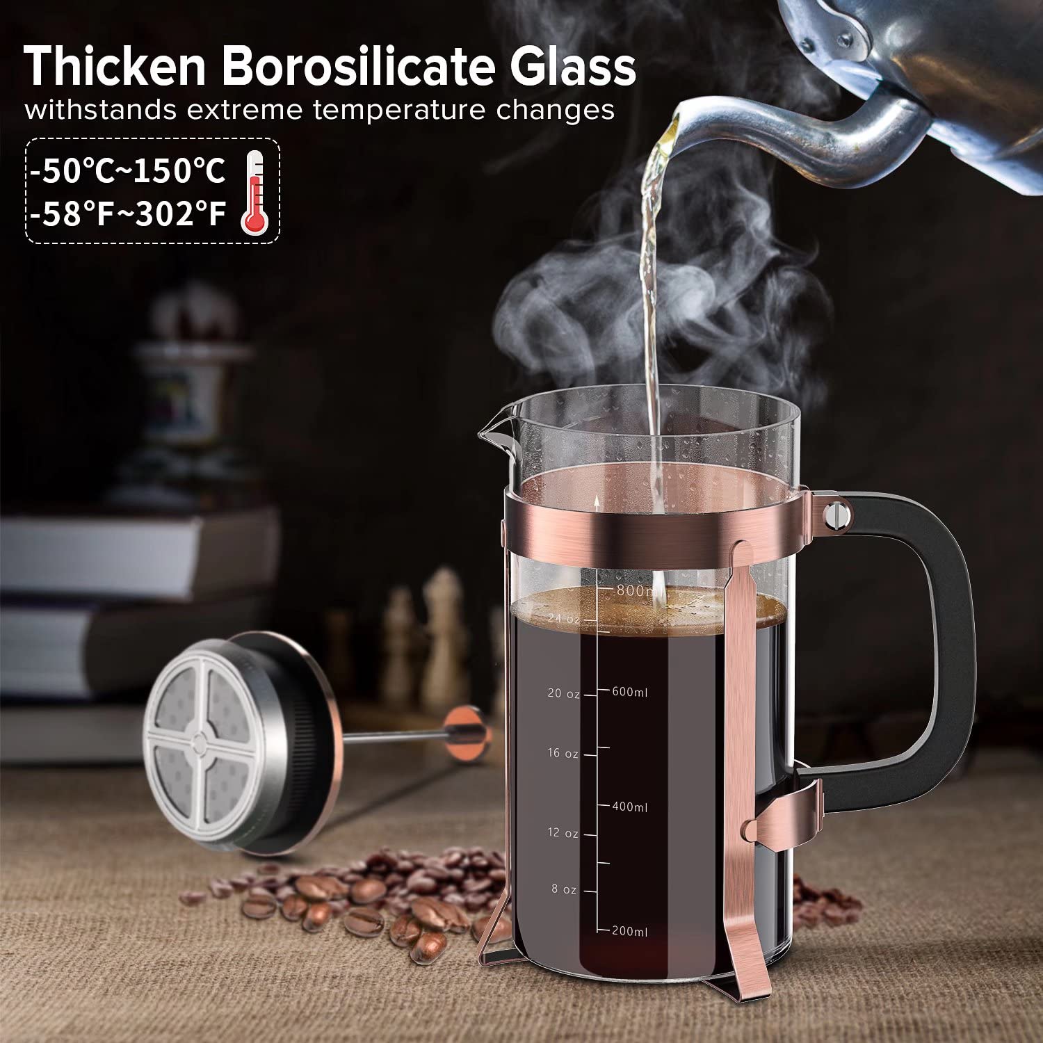 Quqiyso French Press Coffee Maker 34Oz 304 Stainless Steel With 4 Filter, Heat Resistant Durable, Easy To Clean, Borosilicate Gl