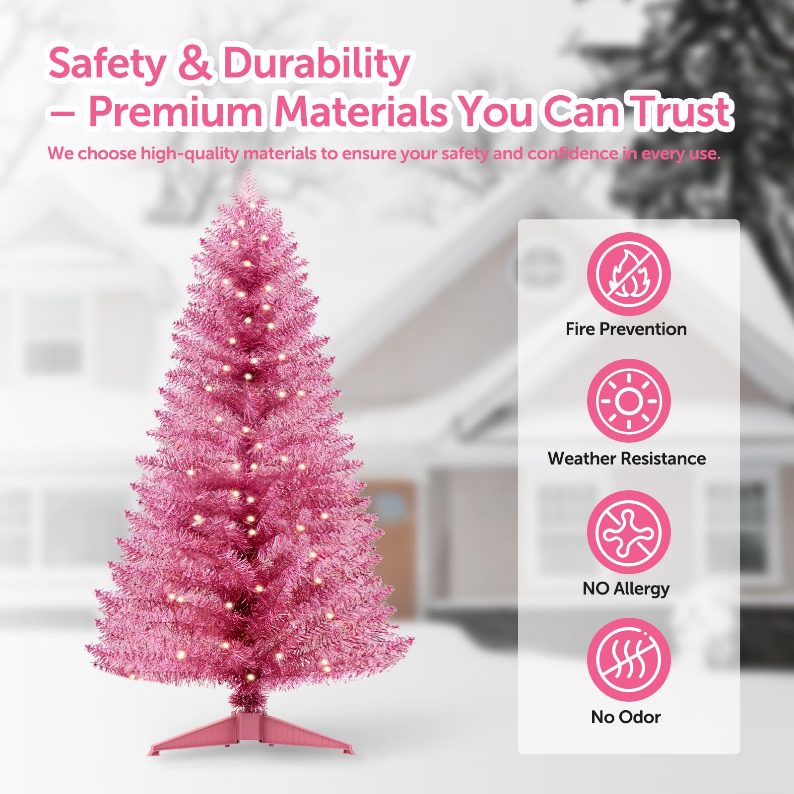 Santanelo 4FT Pink Artificial Christmas Tree with Light, Small Snowy Artificial Xmas Tree, Not Pre-lit mini Pink Tree with Light