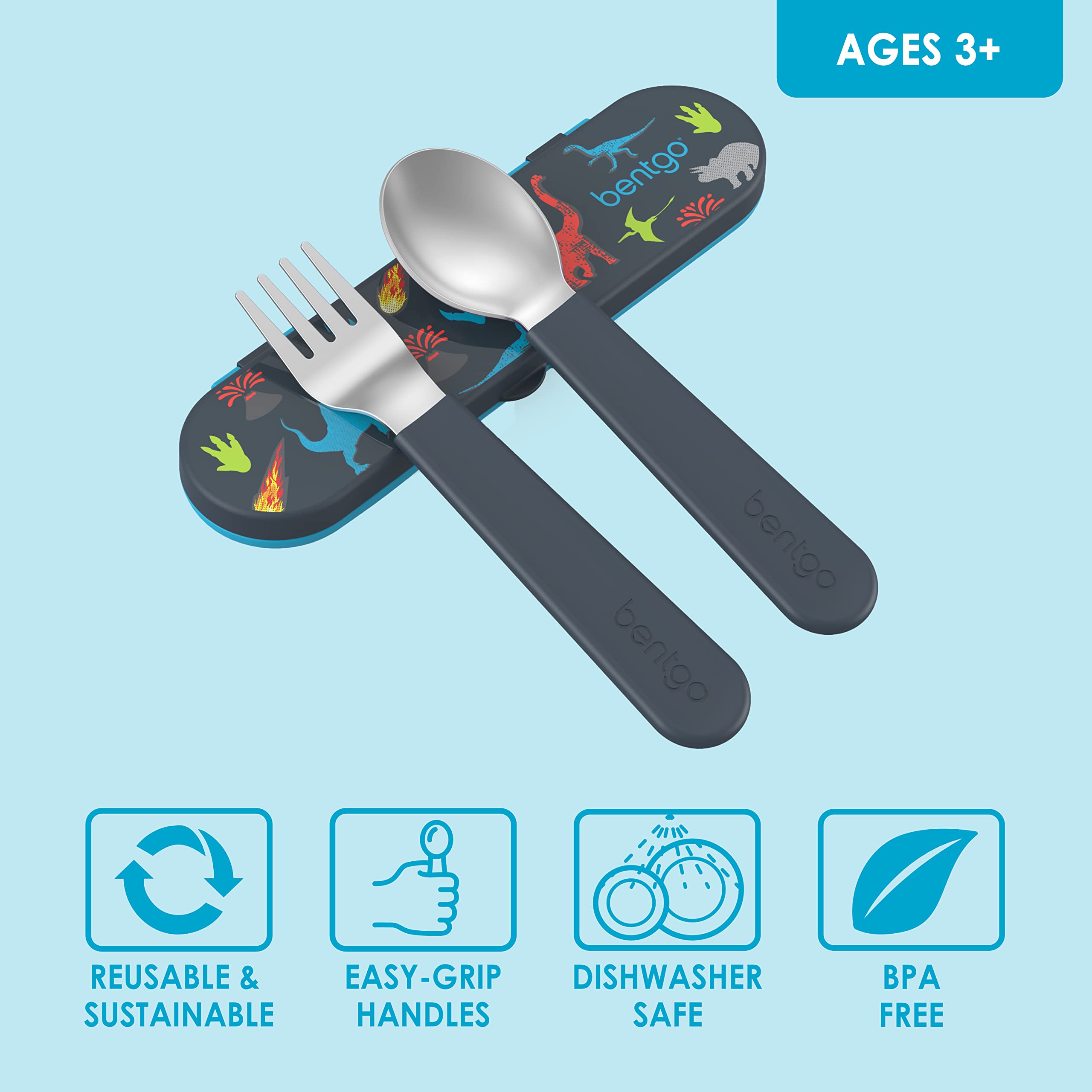 Bentgo Kids Stainless Steel Utensil Set - Reusable Fork, Spoon & Storage Case - High-Grade BPA-Free Stainless Steel, Easy-Grip H