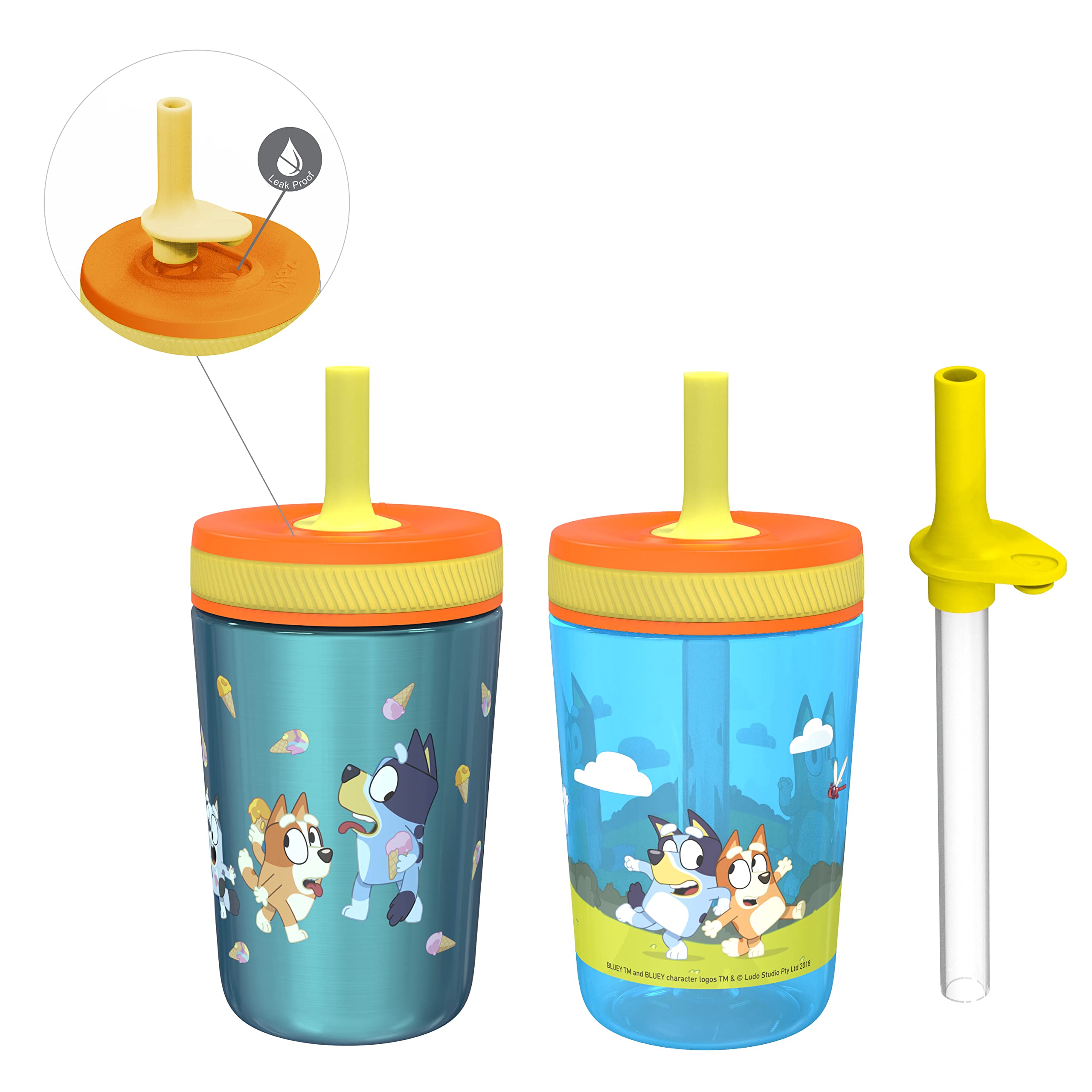 Zak Designs Bluey Kelso Tumbler Set, 15 Fl.Oz. Leak-Proof Screw-On Lid With Straw, Bundle For Kids Includes Plastic And Stainles
