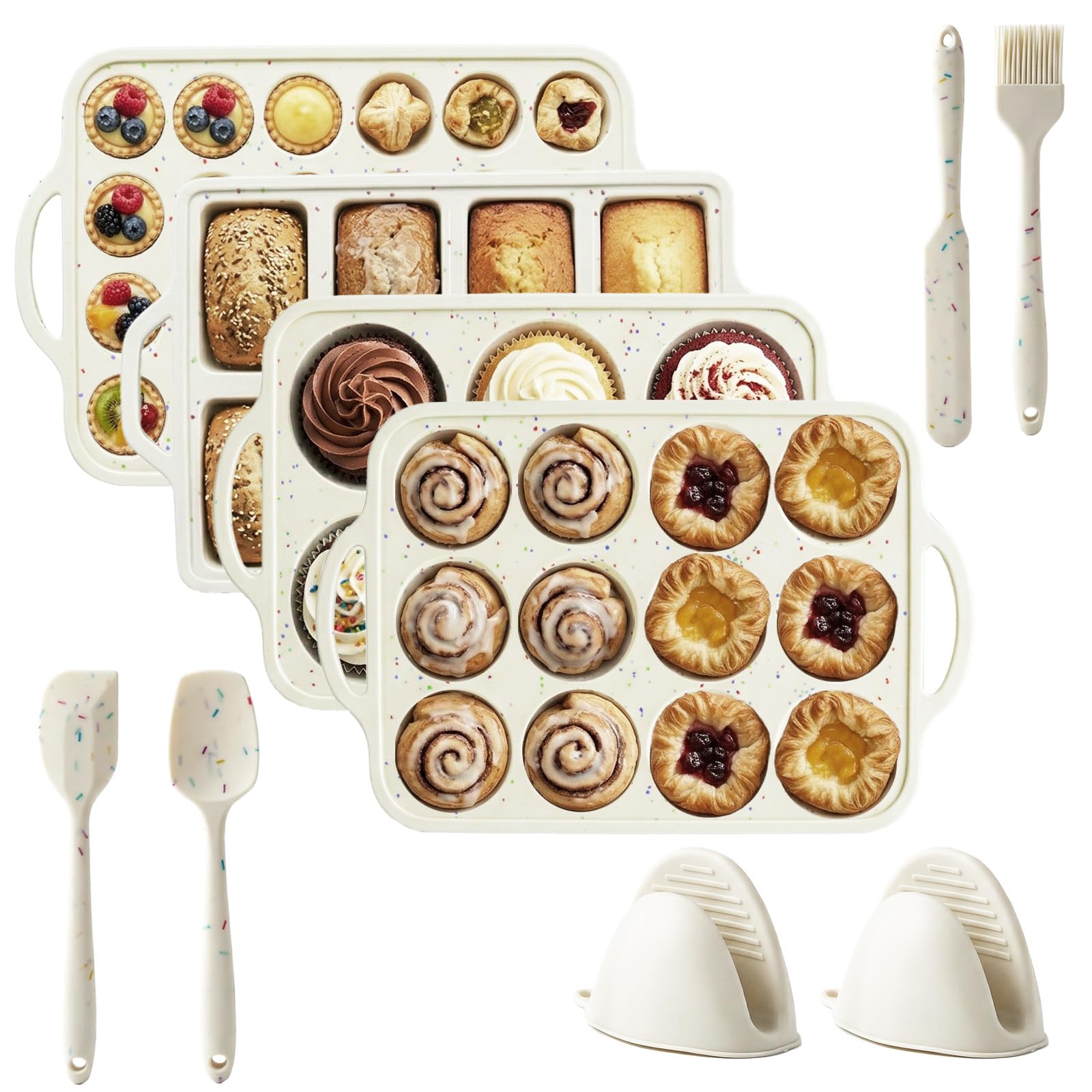 ENIPEDITA 9 Pcs Silicone Baking Tool Set with 4 Molds, 2 Size Spatulas, 1 Pastry Brush, 1 Scraper Shovel, Oven Mitts, Nonstick C