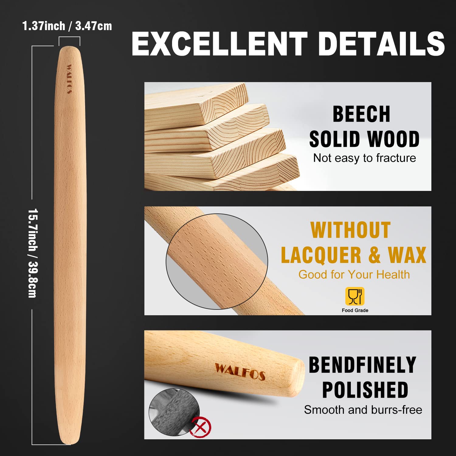 WALFOS French Rolling Pin Roller for Baking Pizza Dough  Pie and Cookie Beech Wood(15.7 Inch)