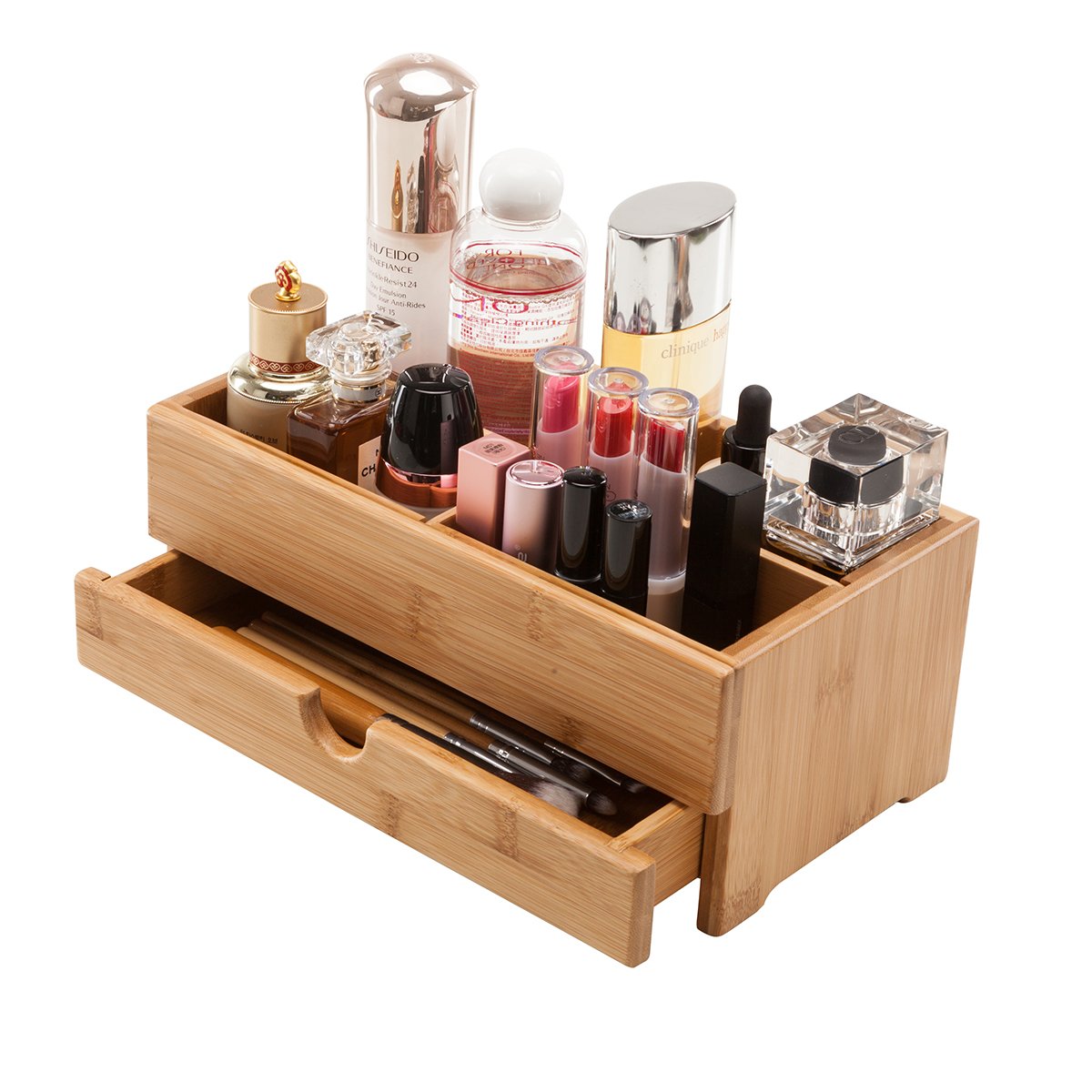 GOBAM Bamboo Makeup Organizer and Storage with Drawer, Medium - Wooden Cosmetic Organizer Countertop for Bathroom, Bedroom, Clos