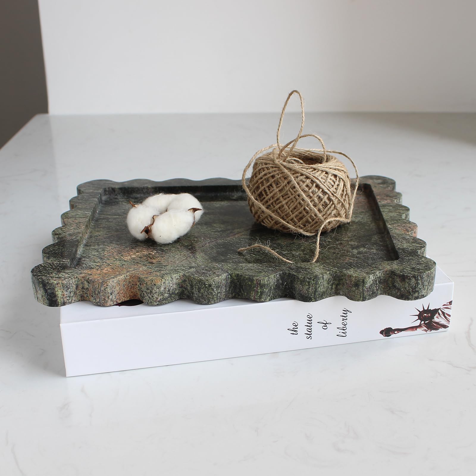 Natural Luxury Scalloped Marble Tray 10.8''X8'', Green Rectangle Vanity Tray For Bathroom Kitchen Counter, Decorative Tray For D