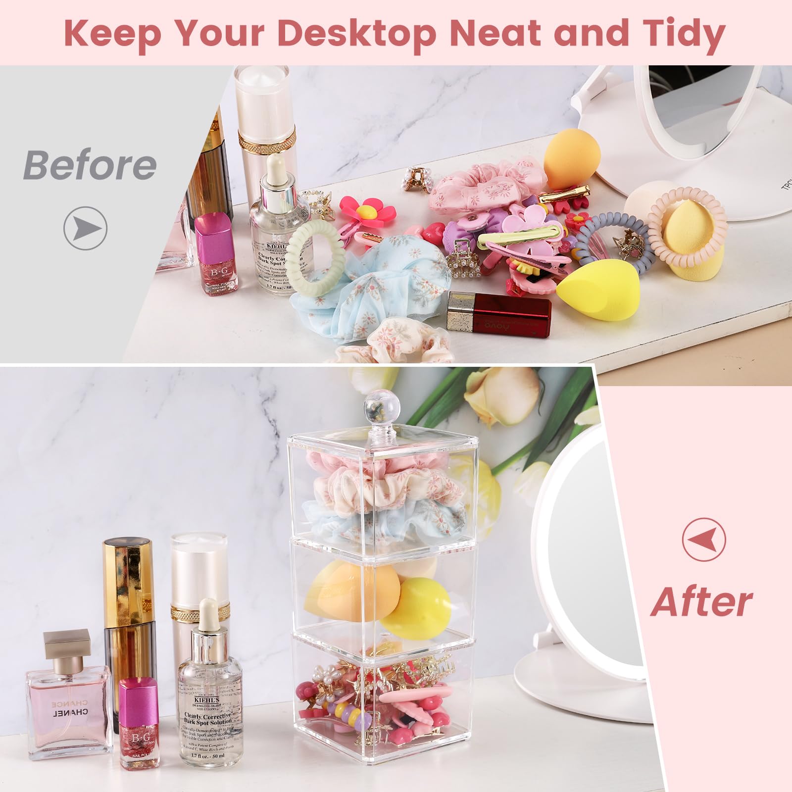 BLVRYVIO Hair Accessories Organizer for Girls  Clear 3 Stackable Acrylic Hair Tie Organizer for Headband  Bows  Cotton Swab Organization  Bathroom Containers Hair Clip Holder Storage with Lids