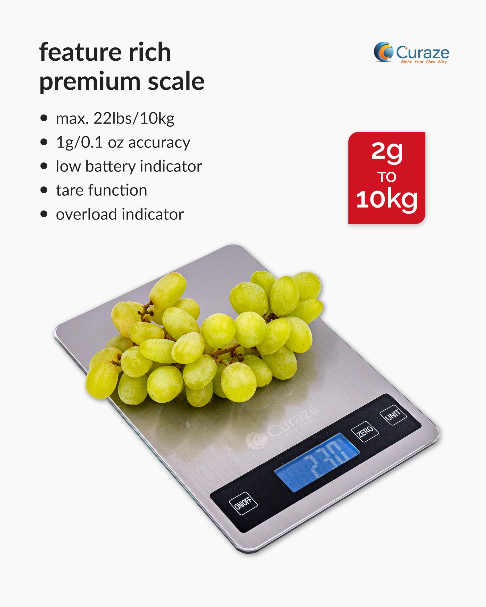 Curaze Digital Food Weight Machine For Kitchen Up To 10 Kg Capacity - Accurate Kitchen Weighing Scale For Home Baking, Cooking &