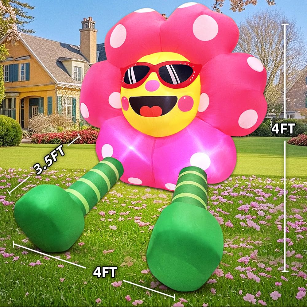 4FT Summer Inflatable Sunflower Outdoor Decoration Blow up Flower Yard Decoration, Built-in LED Lights for Summer Easter Yard Ga