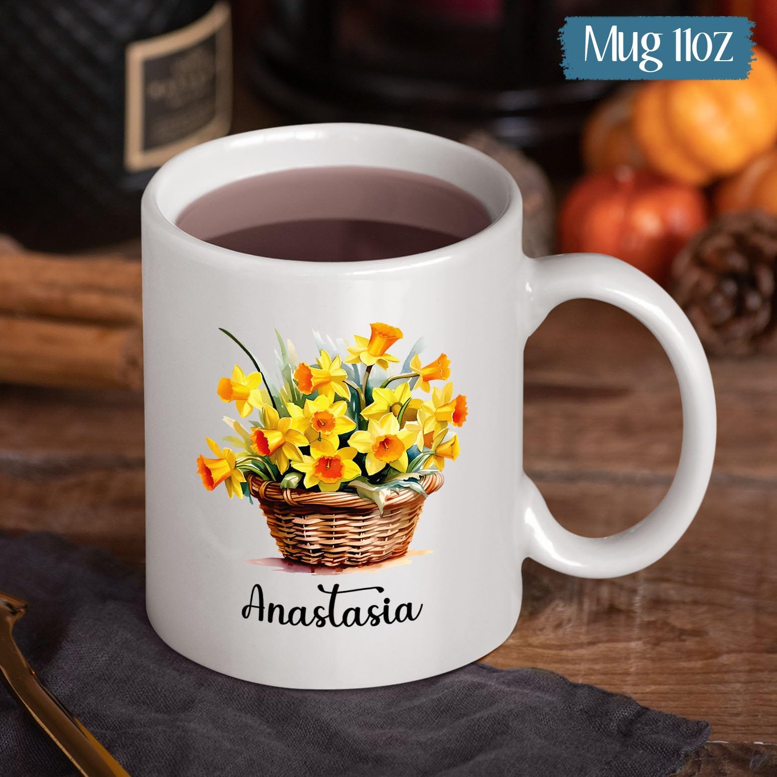 Customized Daffodils Mug Gift with Name, Daffodils Ceramic Cup Present, Personalized Flowers Coffee Mug Present, Custom Floral T