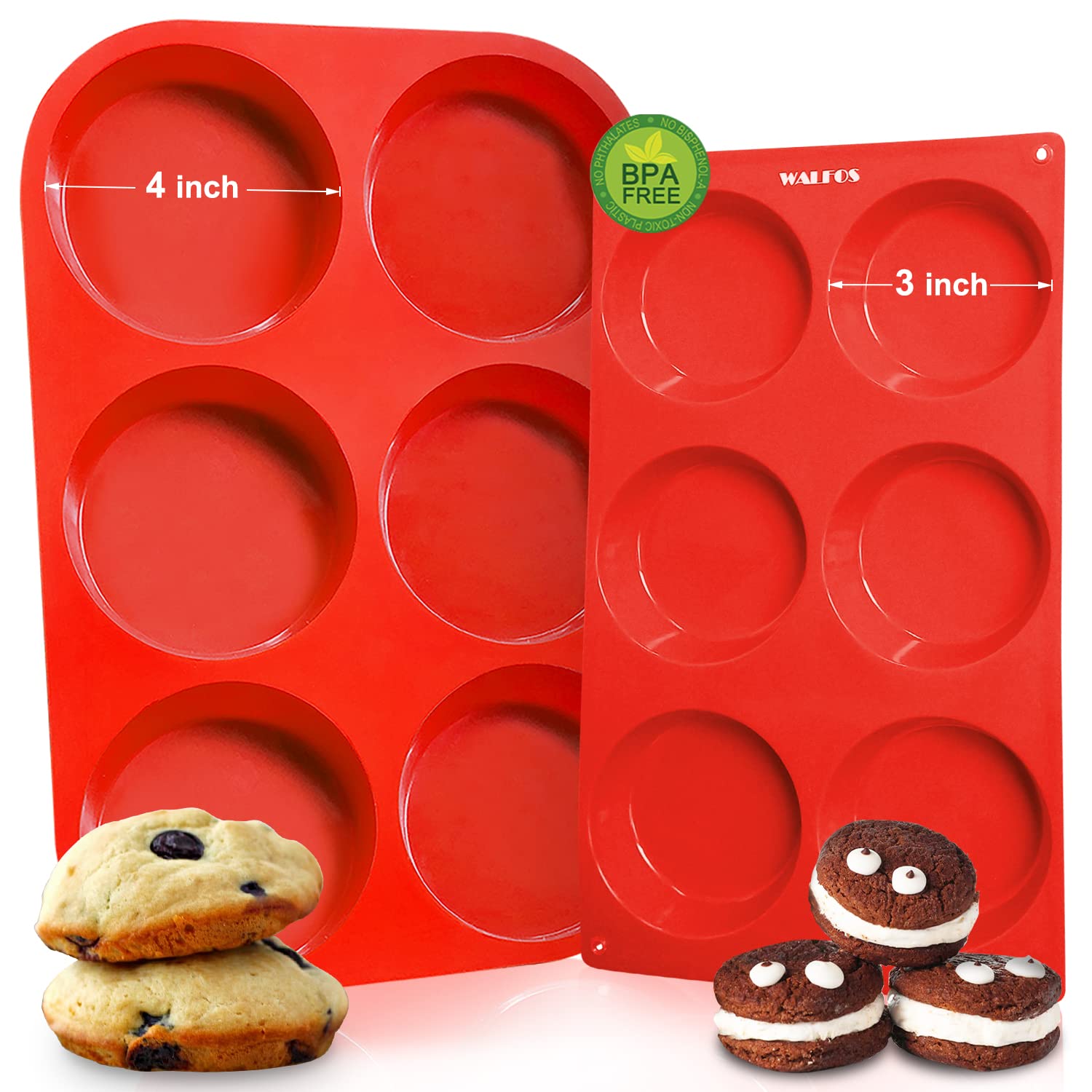 Walfos Flexible Silicone Muffin Top And Whoopie Pie Pans, Red, Set Of 2, Easy To Use And Clean, Wide Heat Resistance, Bpa Free,