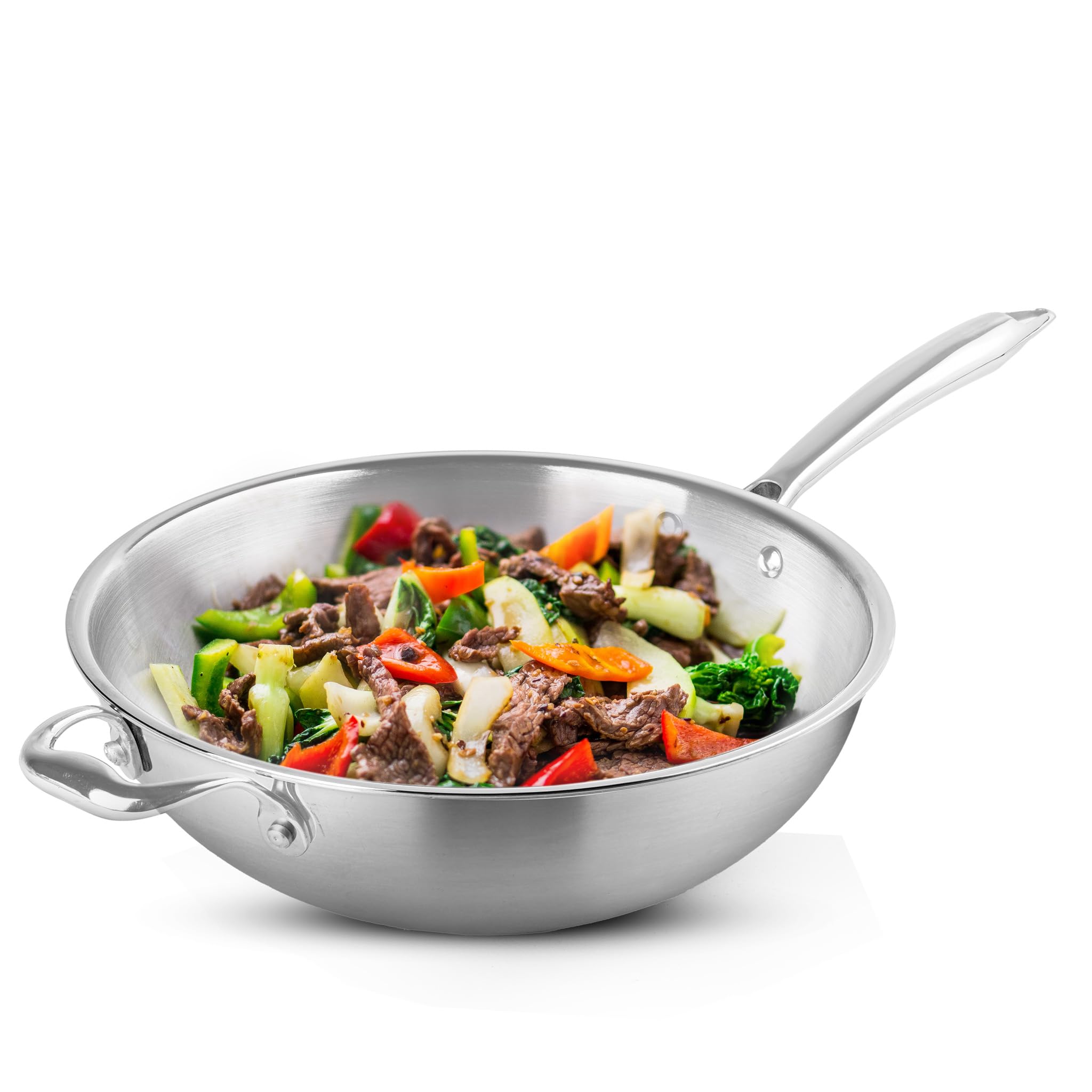 Agaro Stainless Steel Regency Triply Wok 26Cm, 3.0L, 2.5Mm Thick Body, Induction & Gas Compatible, Rivetted Handle, Silver